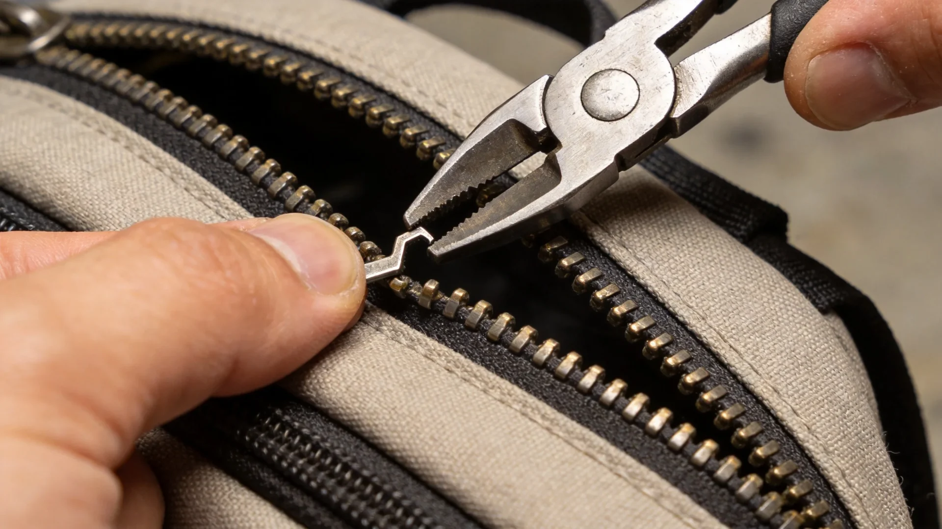 Straightening a bent backpack zipper tooth with pliers