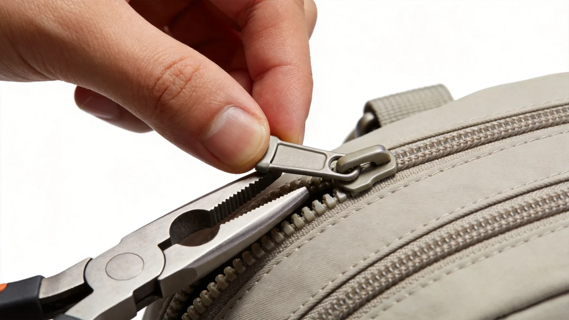Squeezing a backpack zipper slider base with pliers
