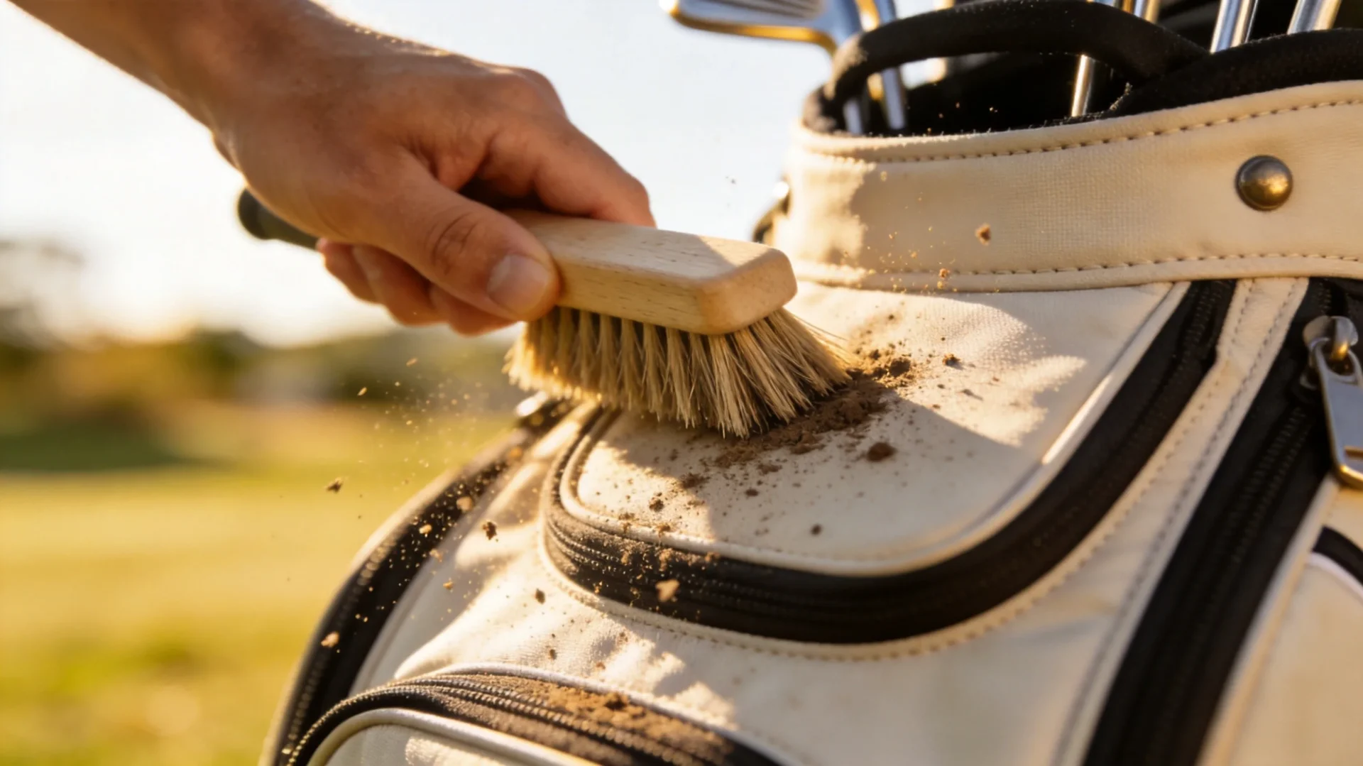 Brushing dirt off a golf bag exterior with a soft brush