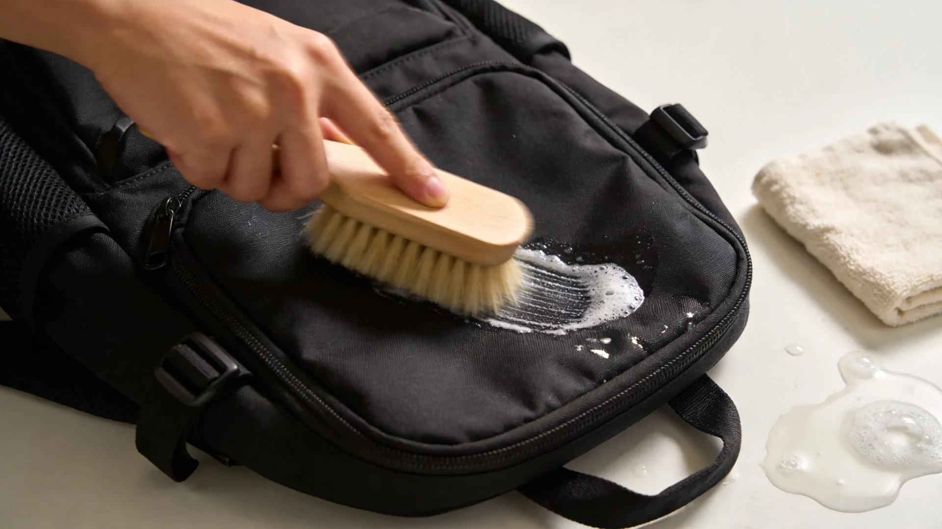Brushing a Tumi nylon backpack with a soft brush and mild soap
