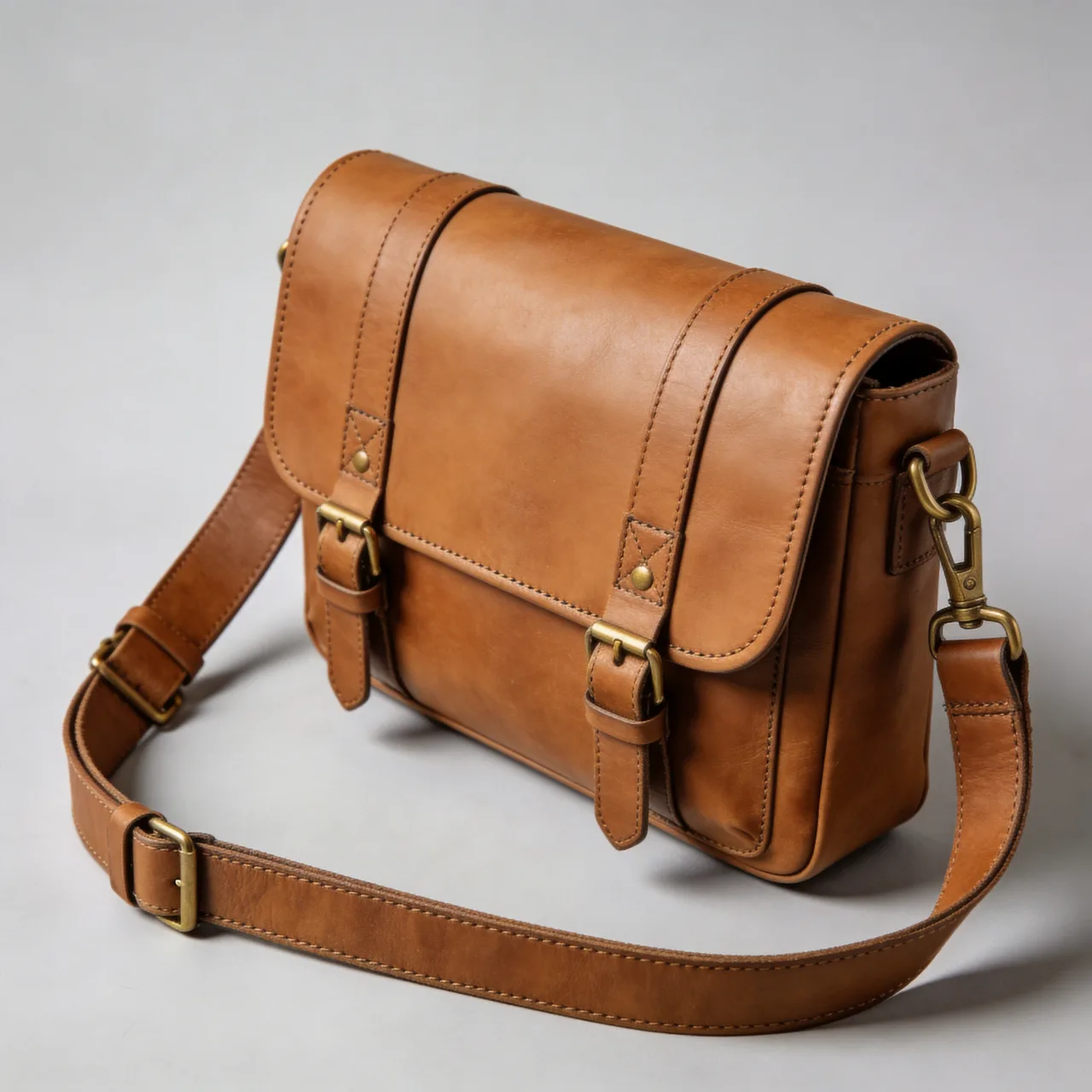 Finished crossbody leather handbag with brass turn-lock hardware, showing the pebbled and hand-stitched leather tanning and finishing that drives handbag cost