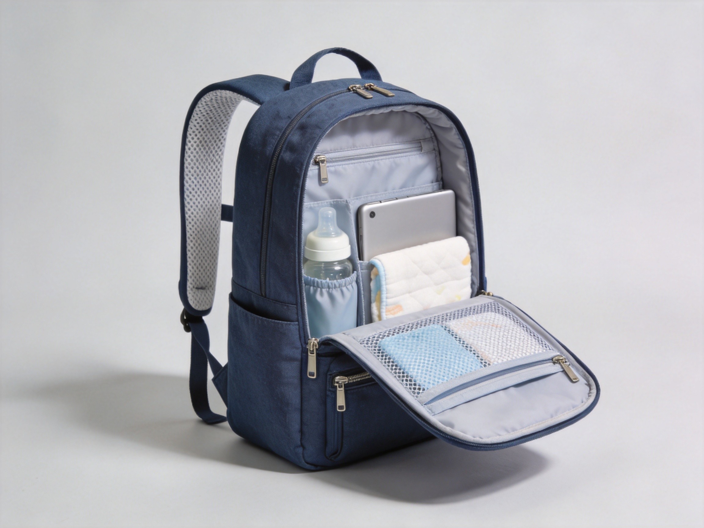 custom diaper backpack interior with insulated bottle pocket padded sleeve and mesh wet pouch in navy