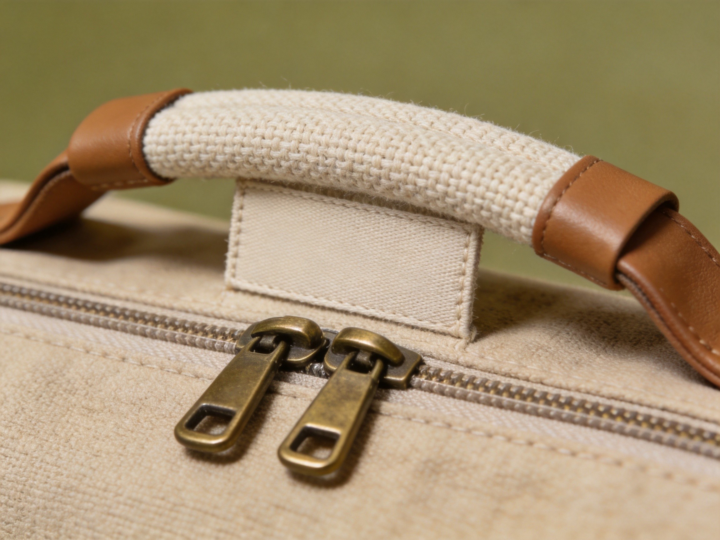 custom diaper bag handle and zip detail with woven label and faux leather trim