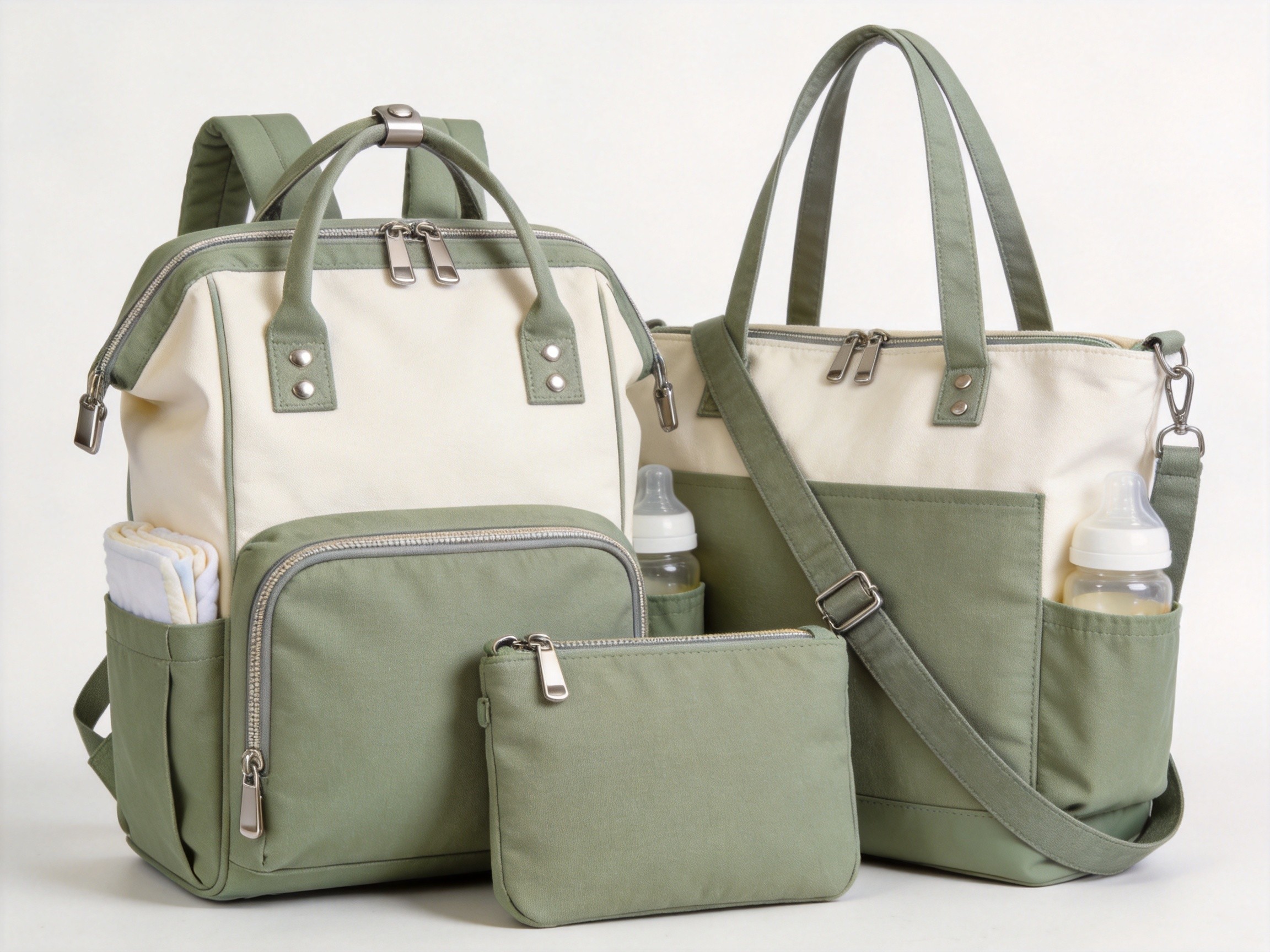 matching custom diaper bag set with diaper backpack mommy tote and crossbody in sage and cream canvas