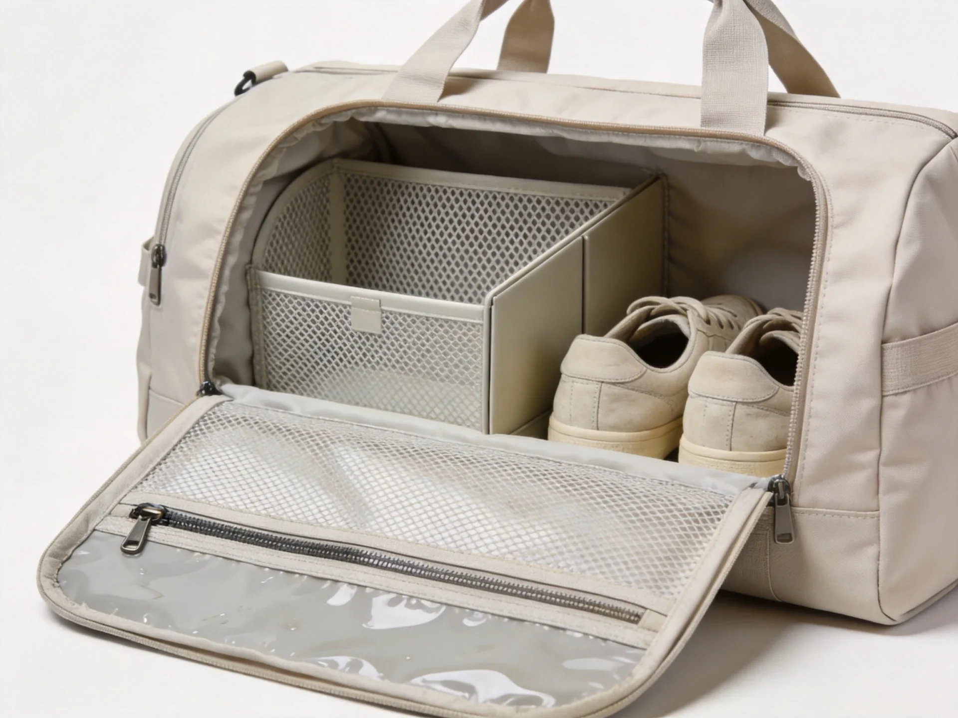 interior of a custom duffle bag with separated shoe compartment and vented pockets