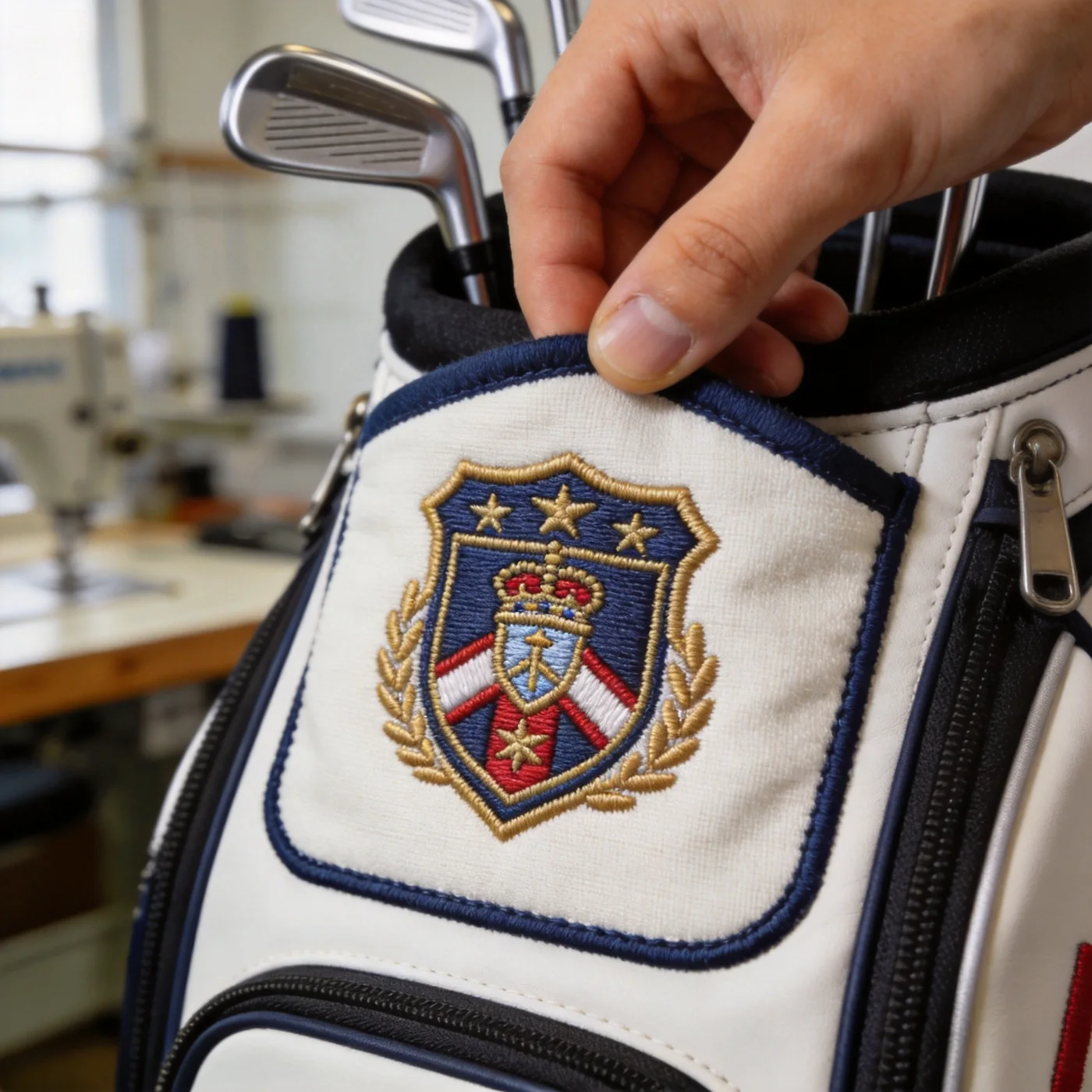custom golf bag embroidered crest panel detail