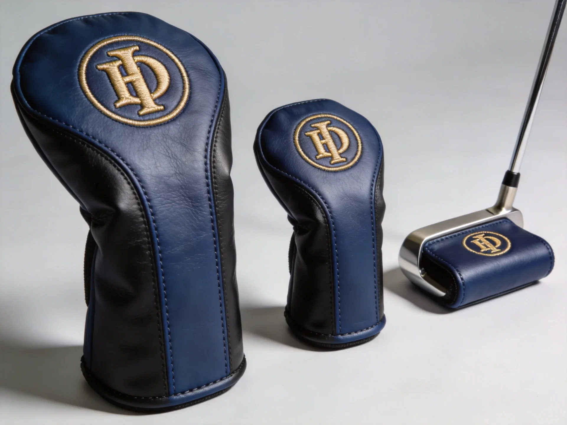matching custom golf club headcover set for driver fairway and putter in navy PU leather