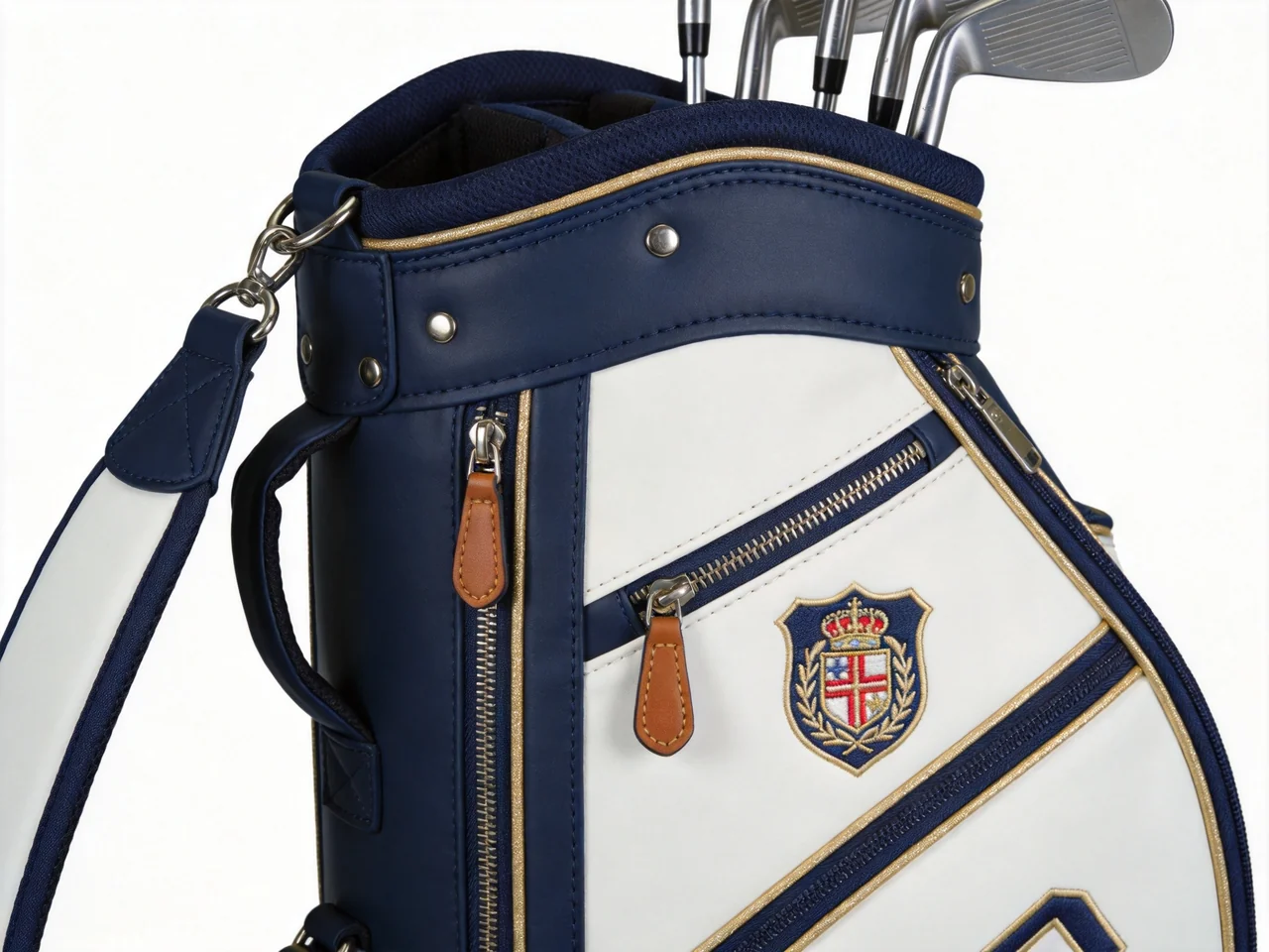 embroidered logo detail on a custom golf staff bag pocket