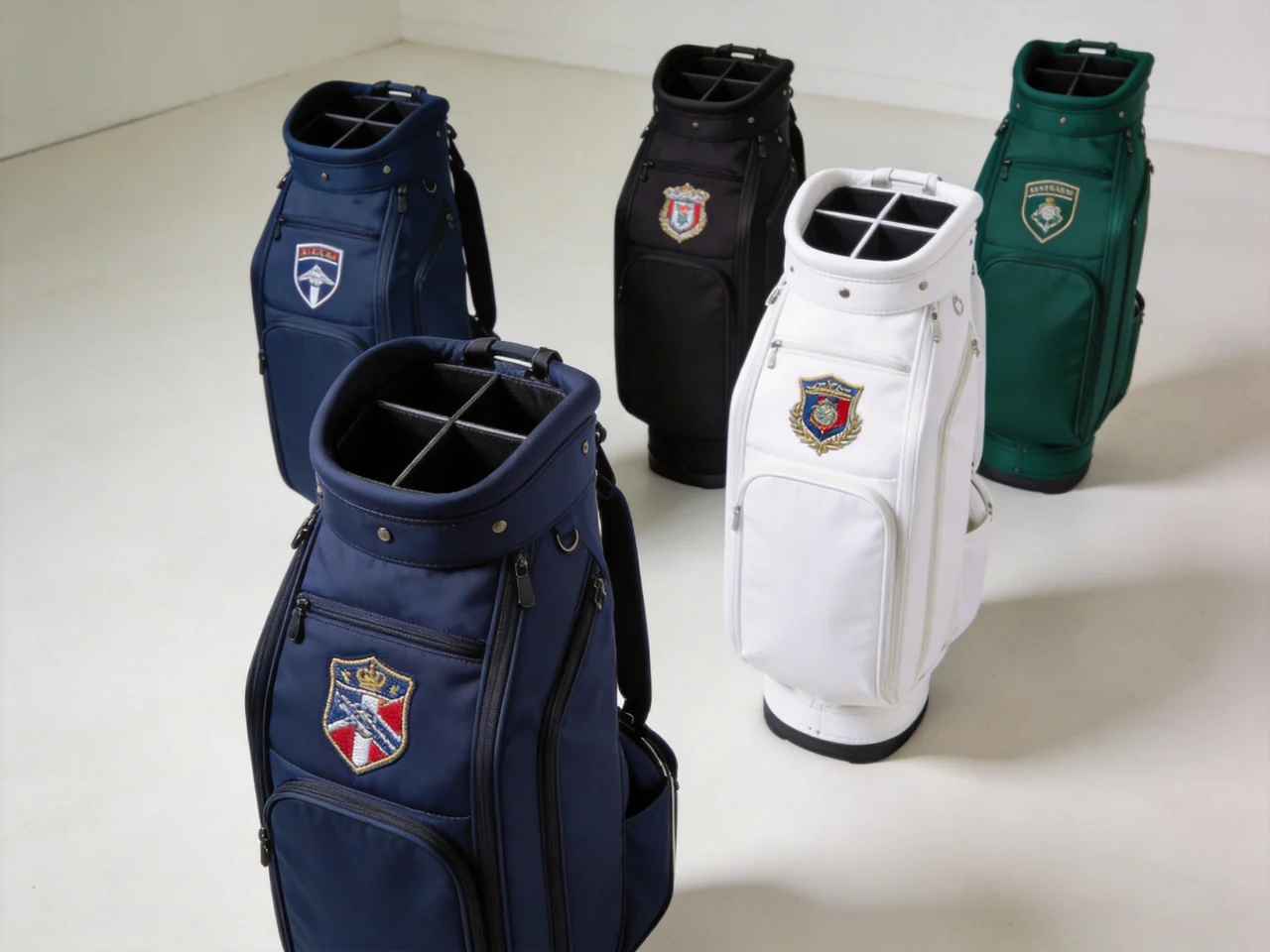 custom golf staff bag colorways in navy, black, white and green