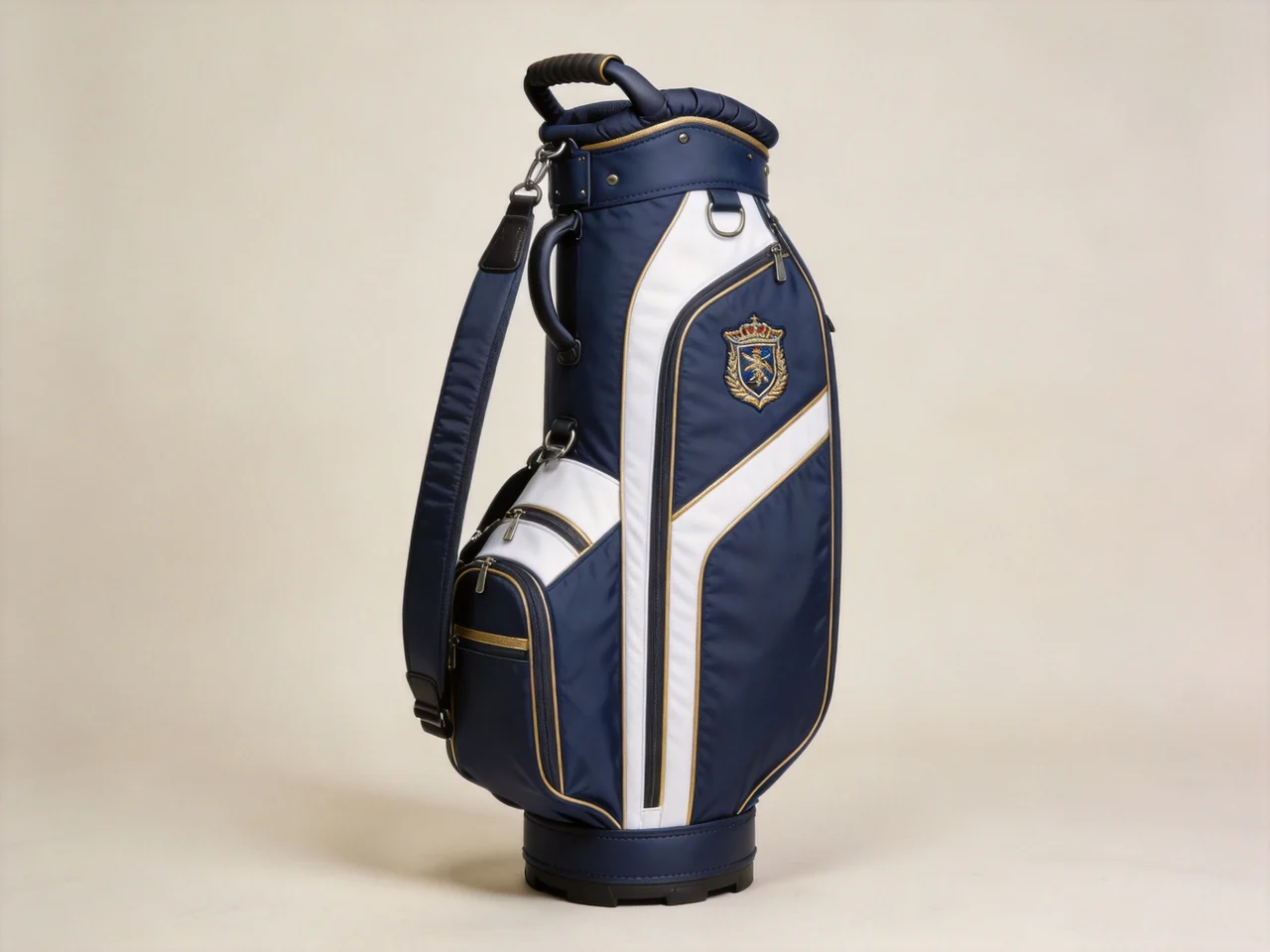 custom golf staff bag with full-length dividers in navy canvas