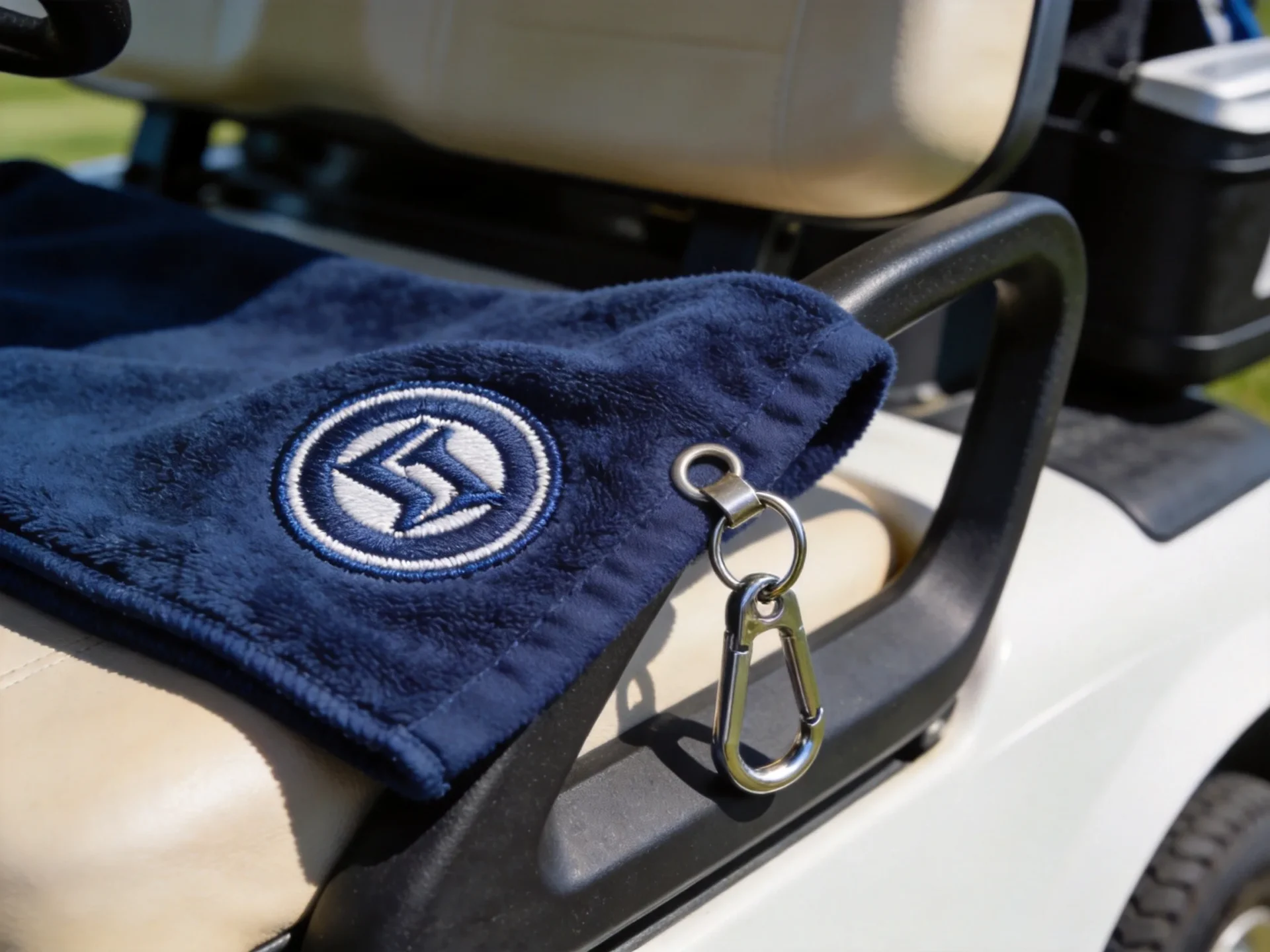 Custom golf towel with embroidered logo detail from a golf towel manufacturer