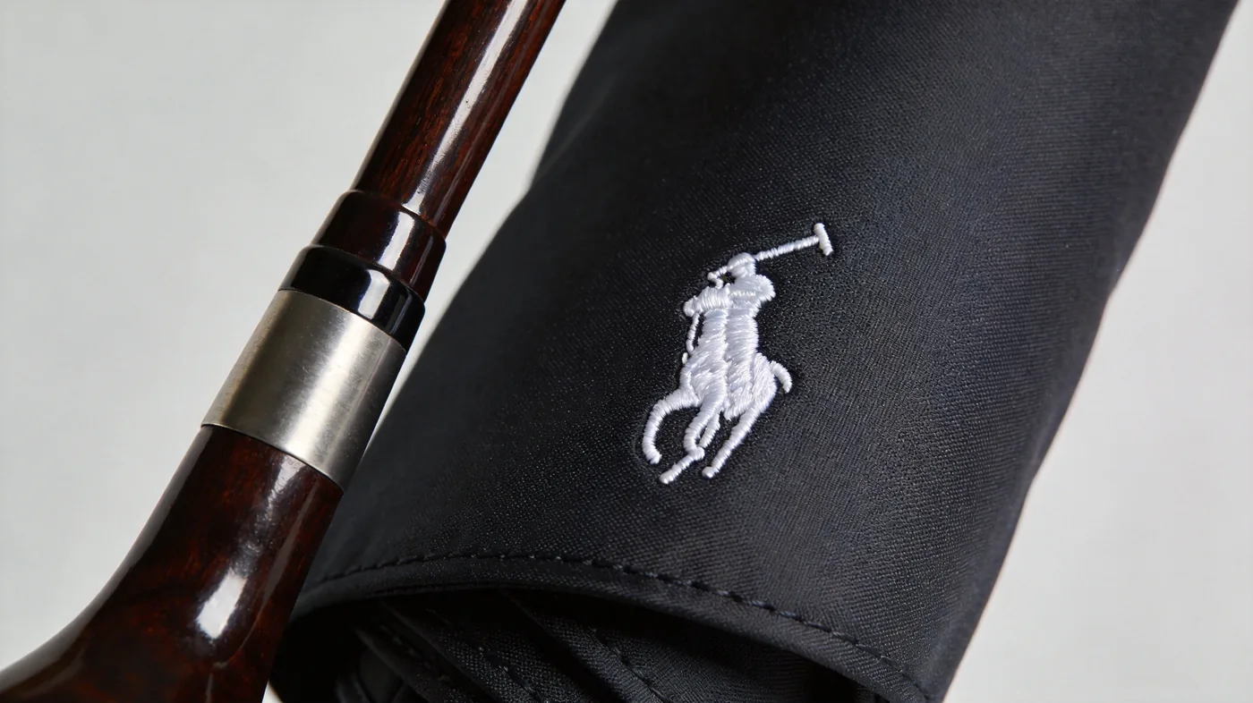 Custom golf umbrella with embroidered logo detail from a golf umbrella manufacturer