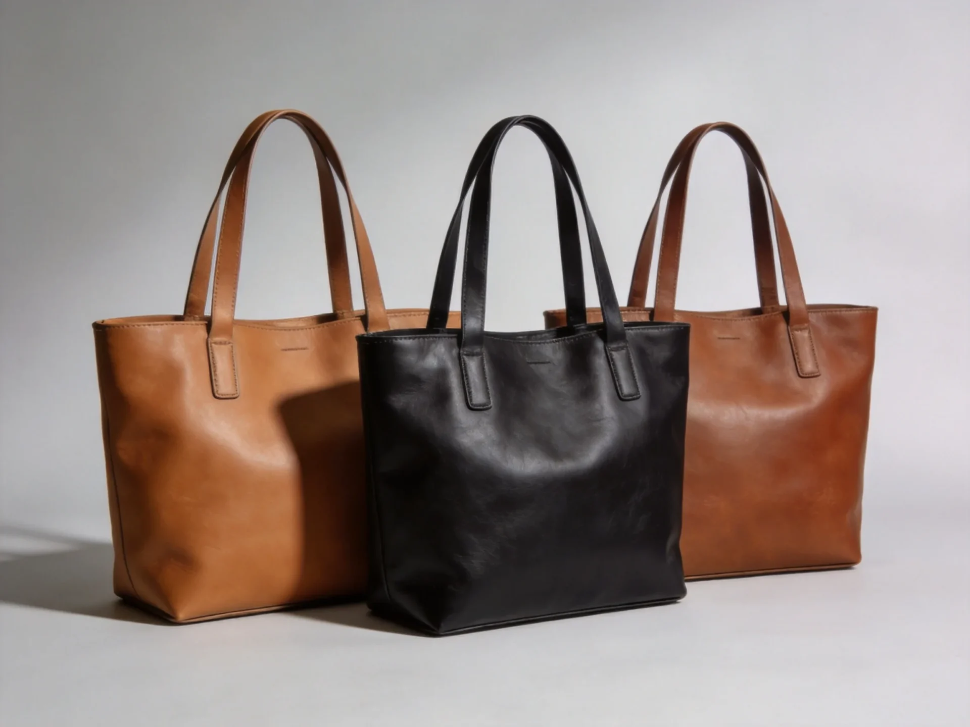 set of custom leather tote bags in cognac black and brown from a leather bag manufacturer