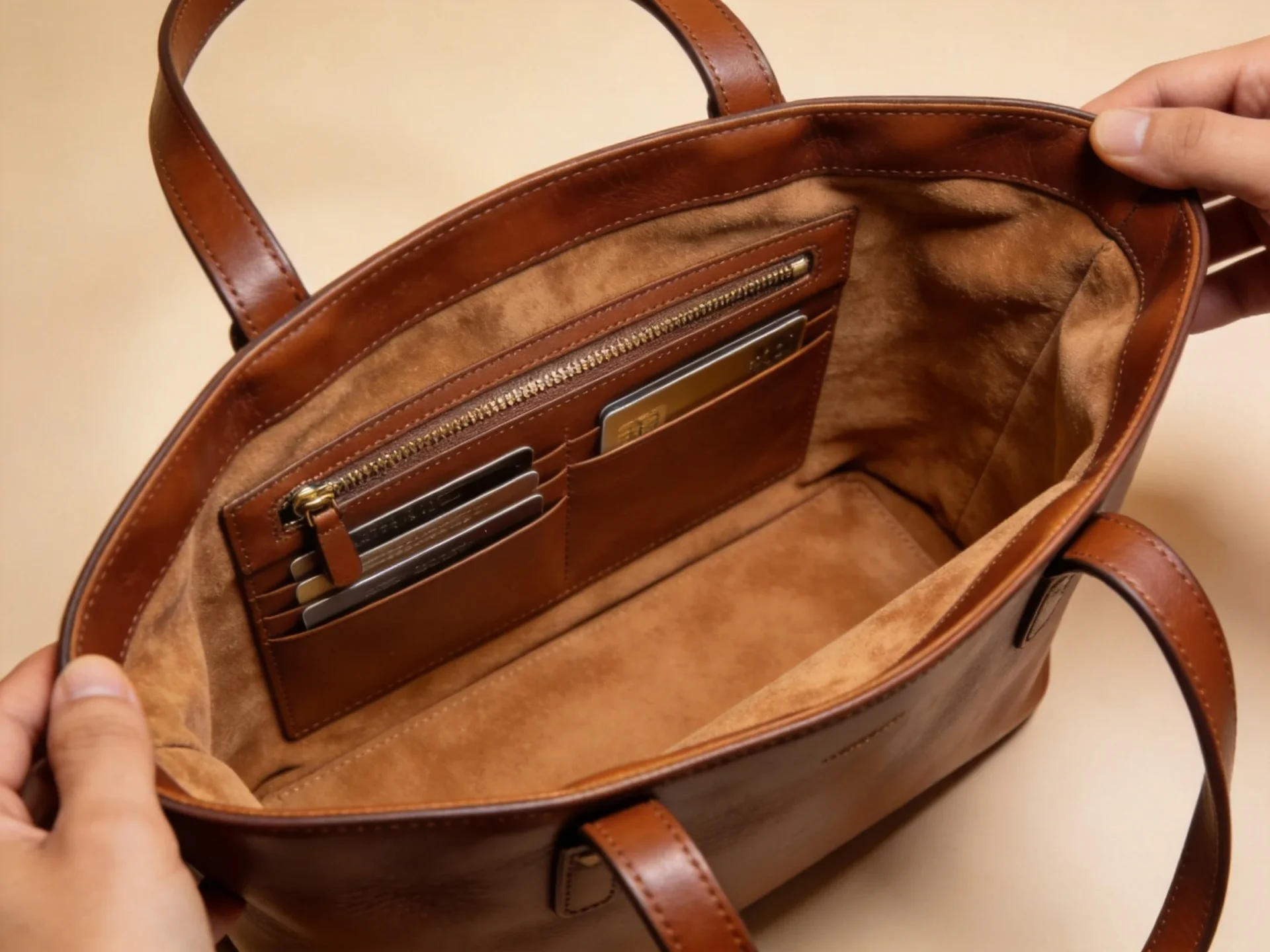 interior of a custom leather tote with suede lining zip pocket and card slots