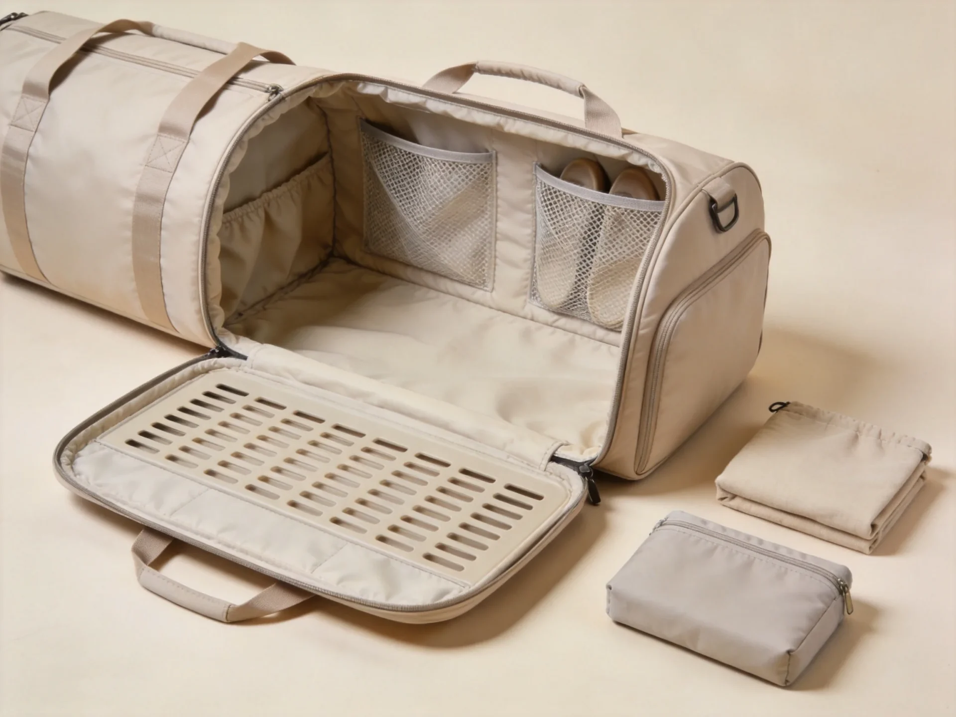 interior organization of a custom travel luggage bag with sleeves and mesh pockets