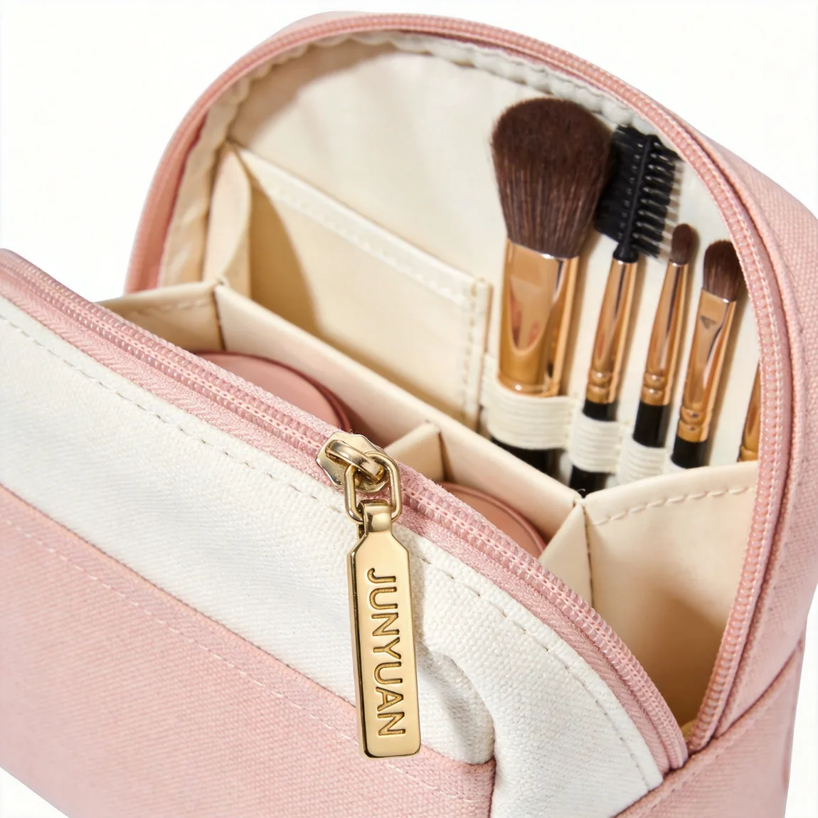 custom makeup bag organizer with compartments and brush slots