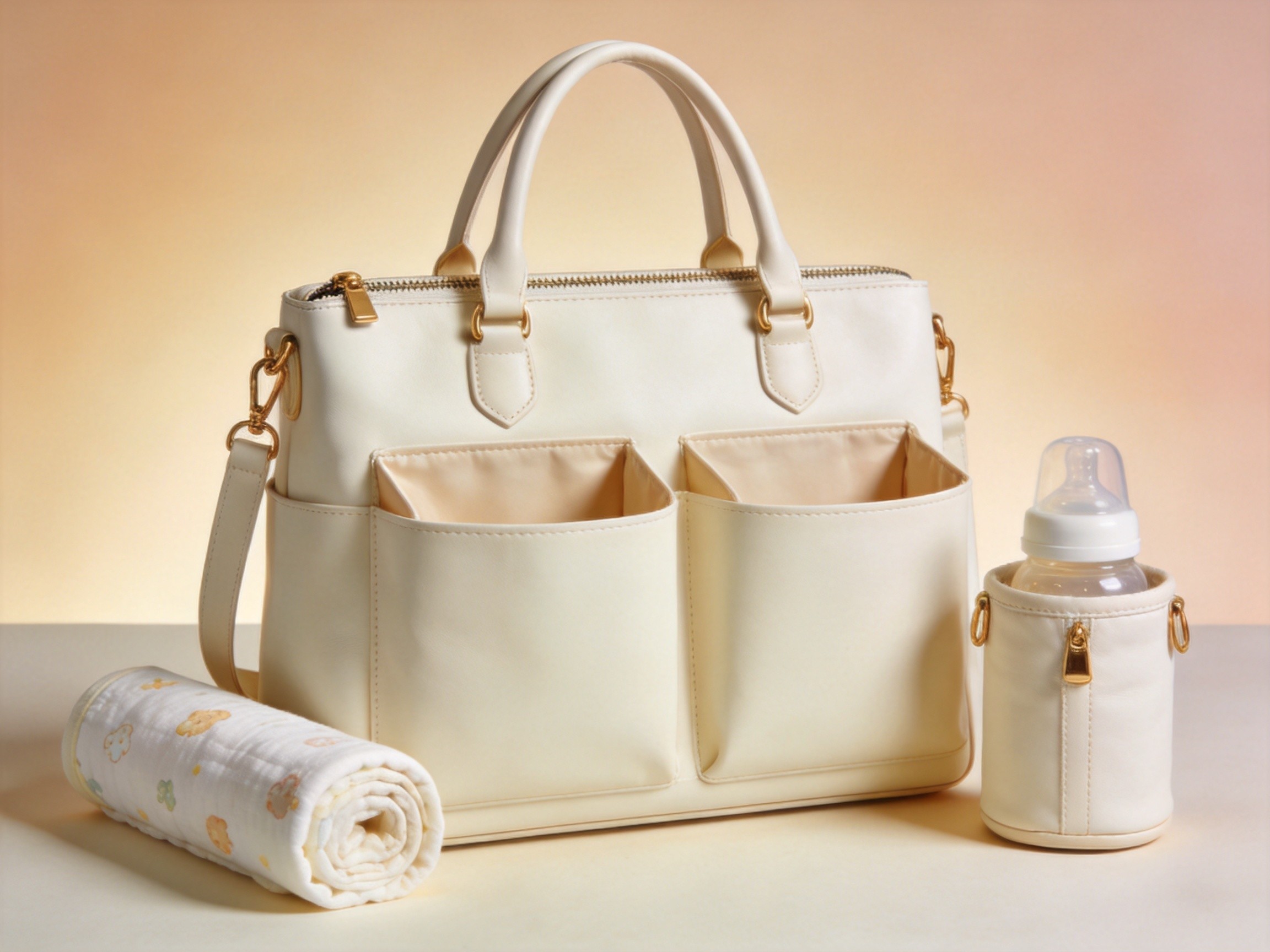 custom mommy tote diaper bag in cream faux leather with detachable changing mat and bottle cooler