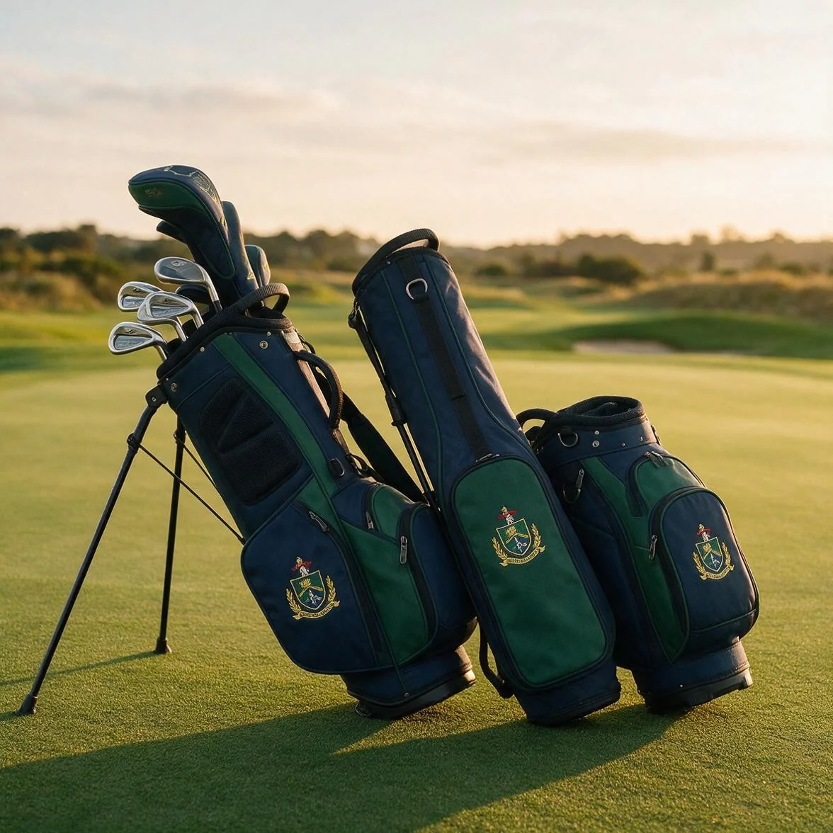 set of branded custom stand and sunday golf bags with team logo