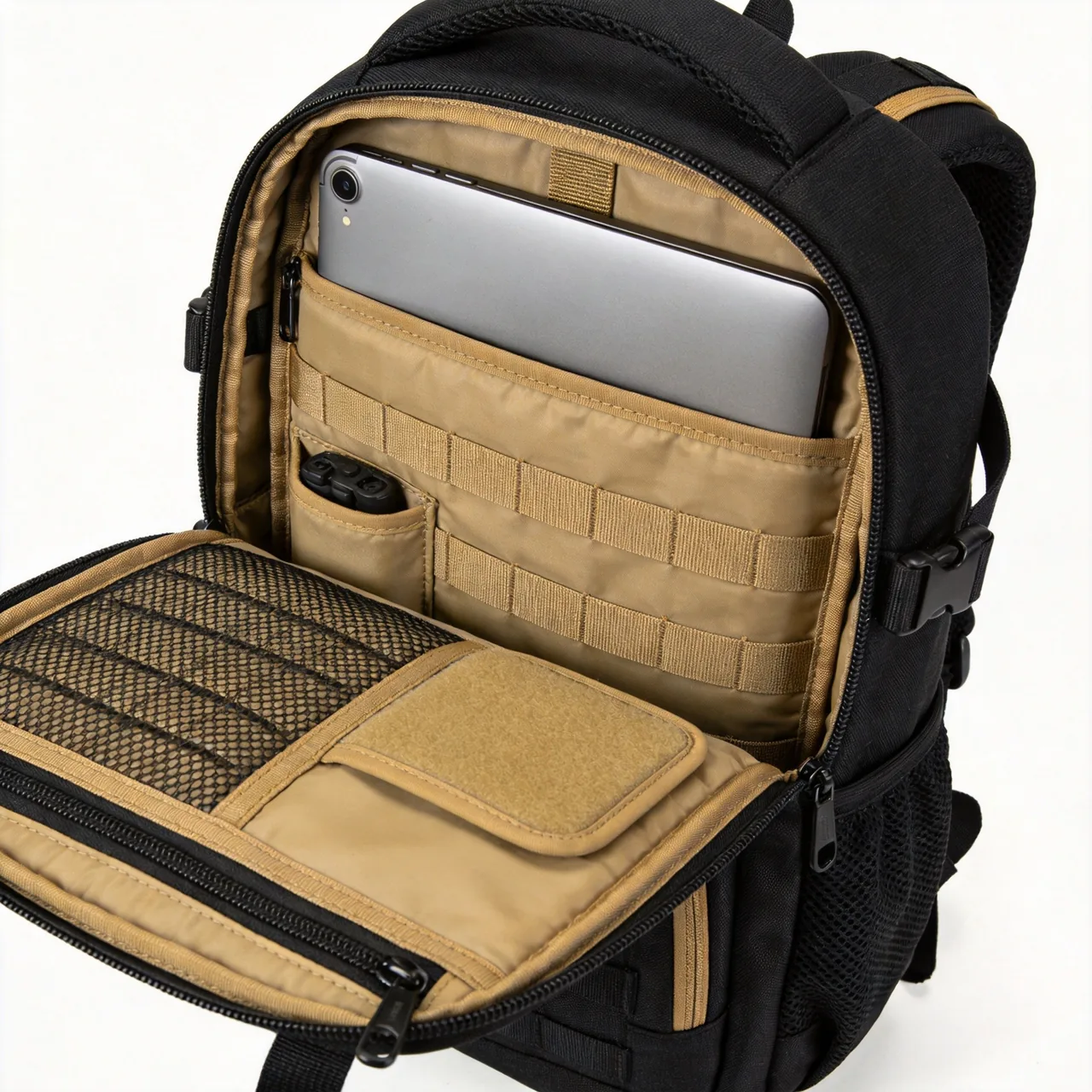 custom tactical backpack interior with padded laptop sleeve and molle organizer in black with coyote trim
