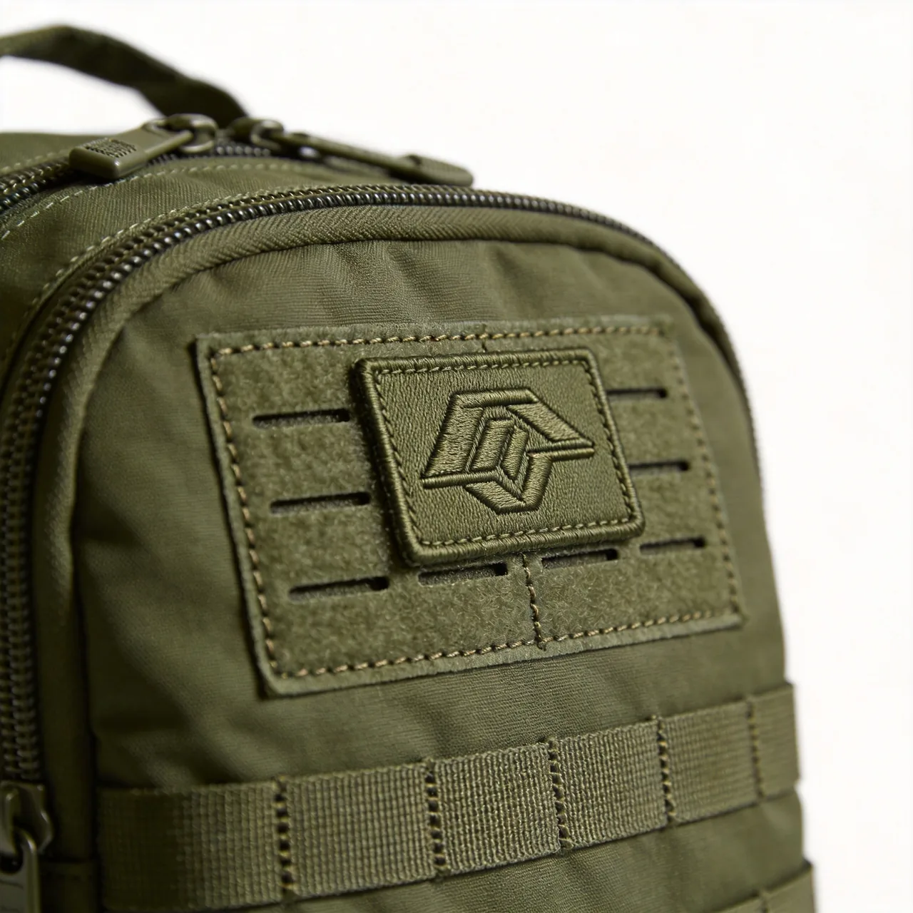 custom tactical backpack embroidered logo and stitching detail on olive drab ballistic nylon