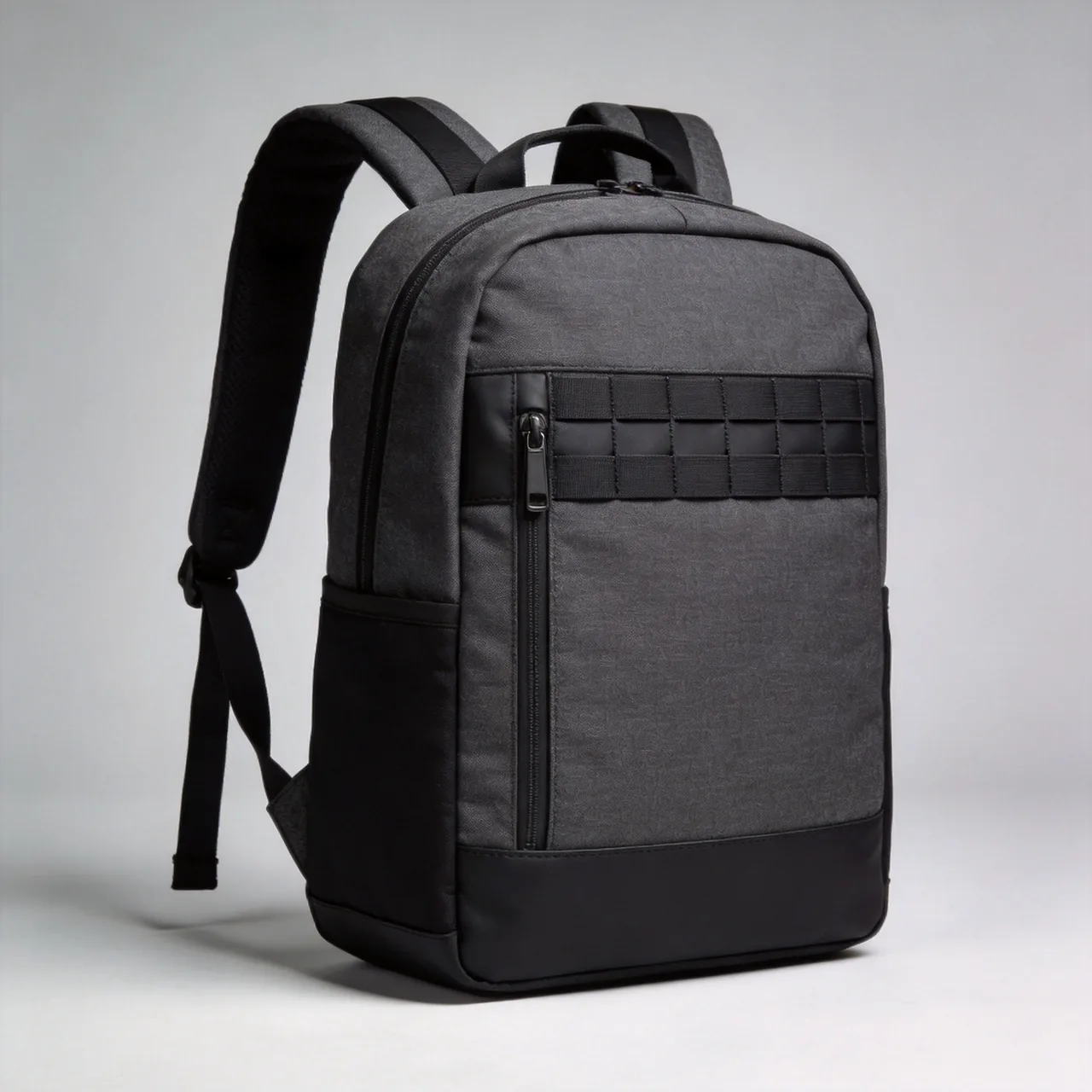 custom tactical laptop commuter backpack in dark grey and black with padded shoulder straps