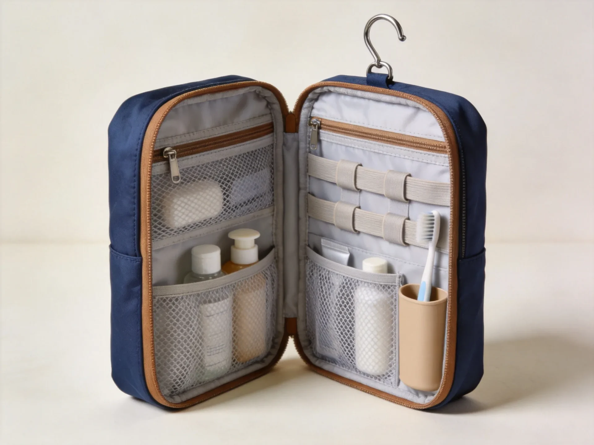 Custom hanging toiletry bag interior with organized compartments