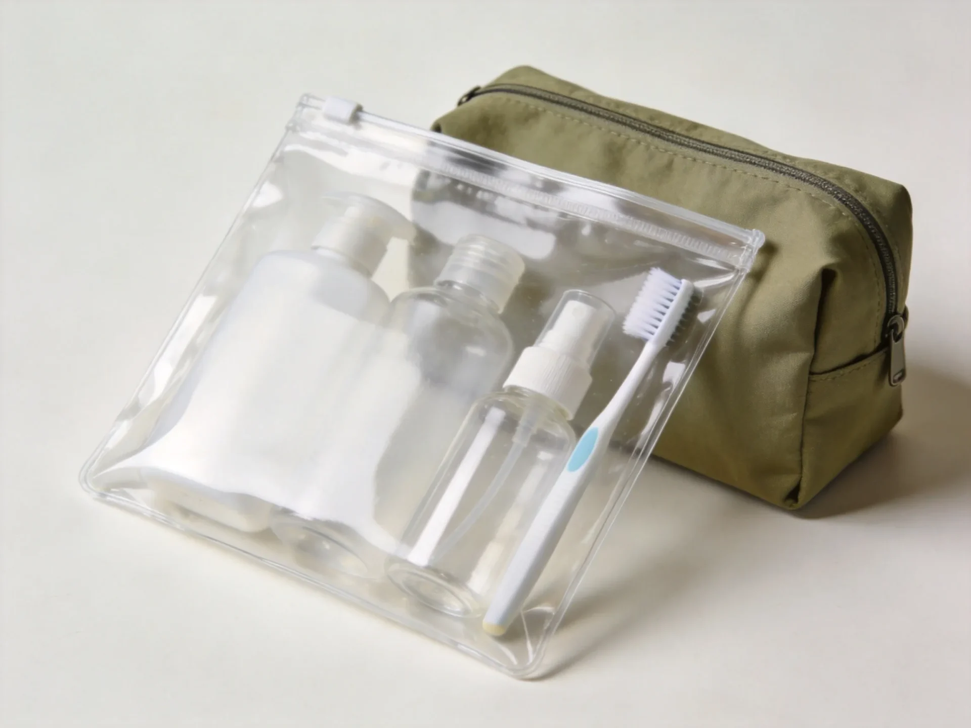 A clear TSA-friendly PVC toiletry pouch in front of an olive green fabric toiletry bag showing travel sized bottles and toothbrush