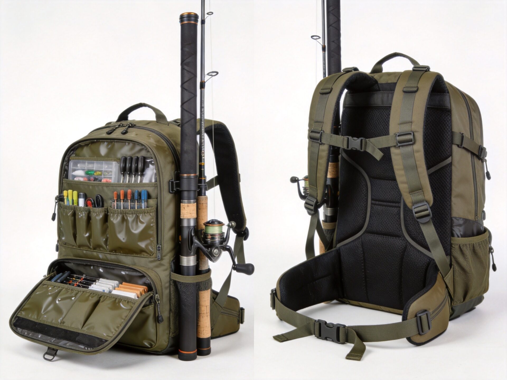 Diagonal rod holder channel design on fishing backpack
