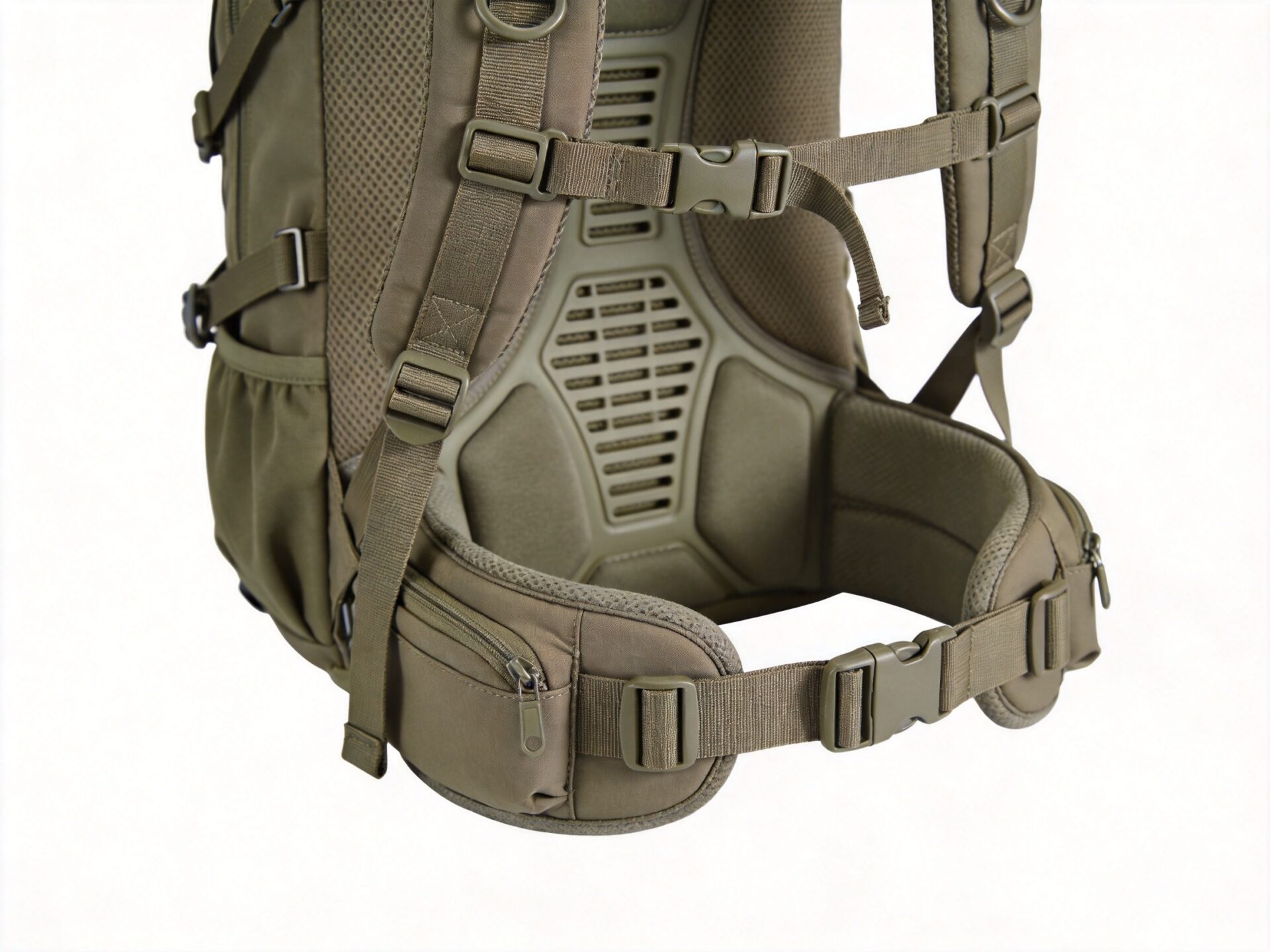 Hip belt and shoulder strap system on fishing backpack