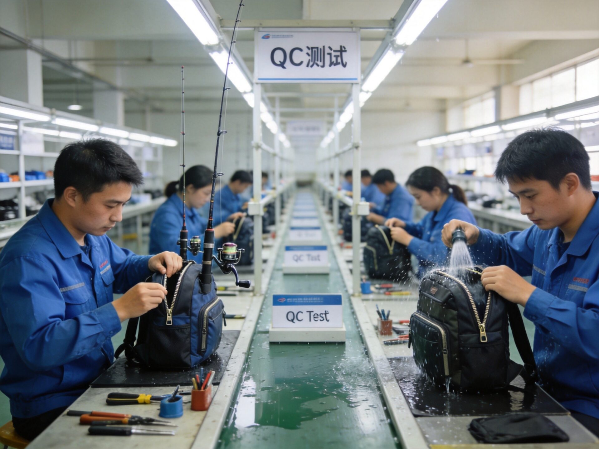Quality control testing at fishing backpack factory