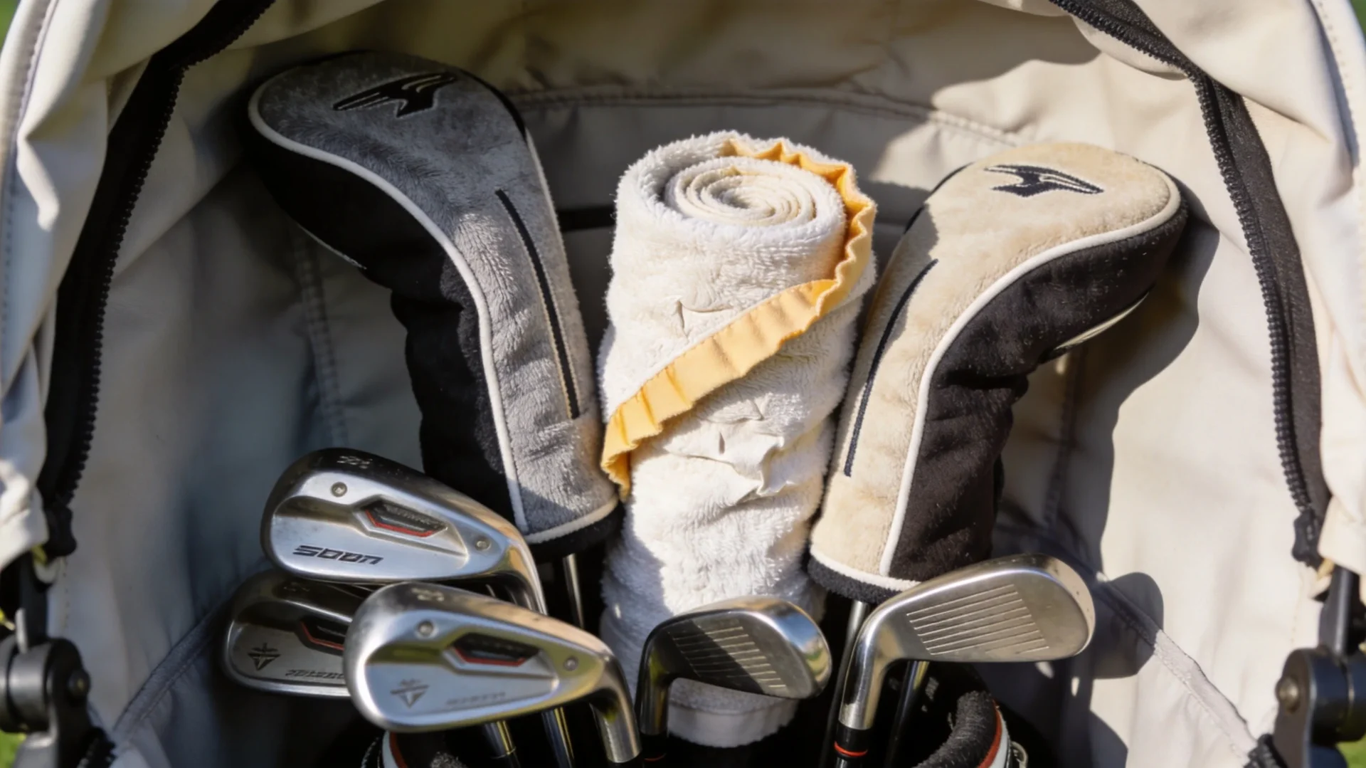 Golf club heads protected with covers and towel padding