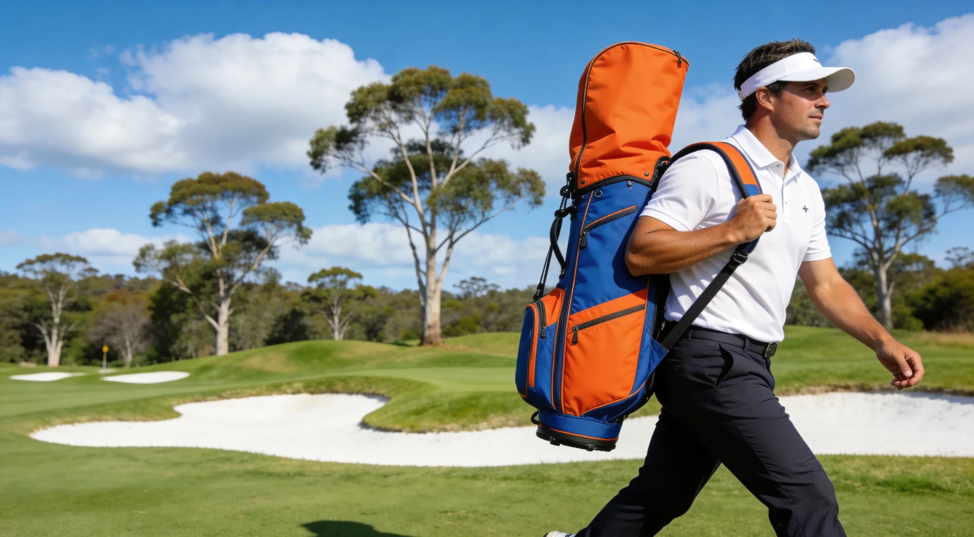 Golf bag on a sunny Queensland golf course with a player