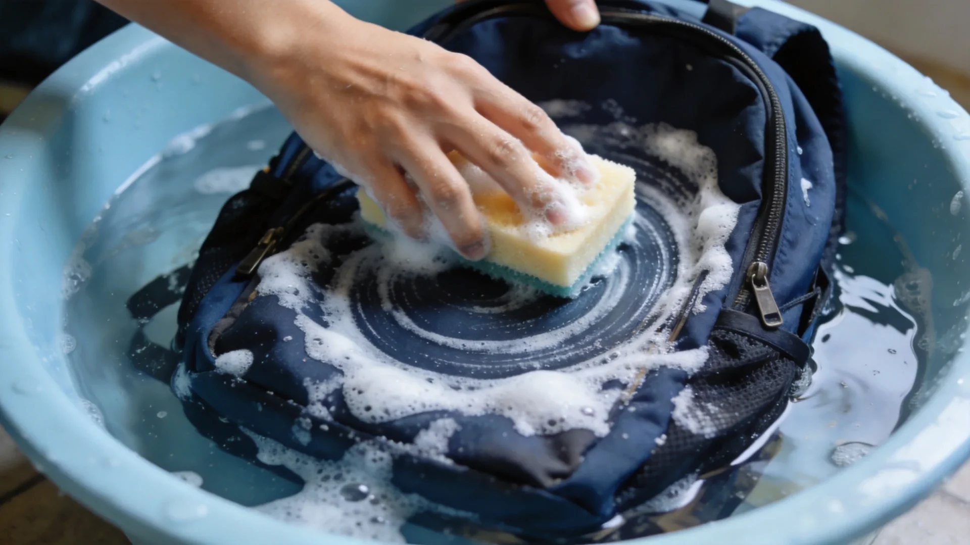 Hand-washing a backpack in cool water with mild soap