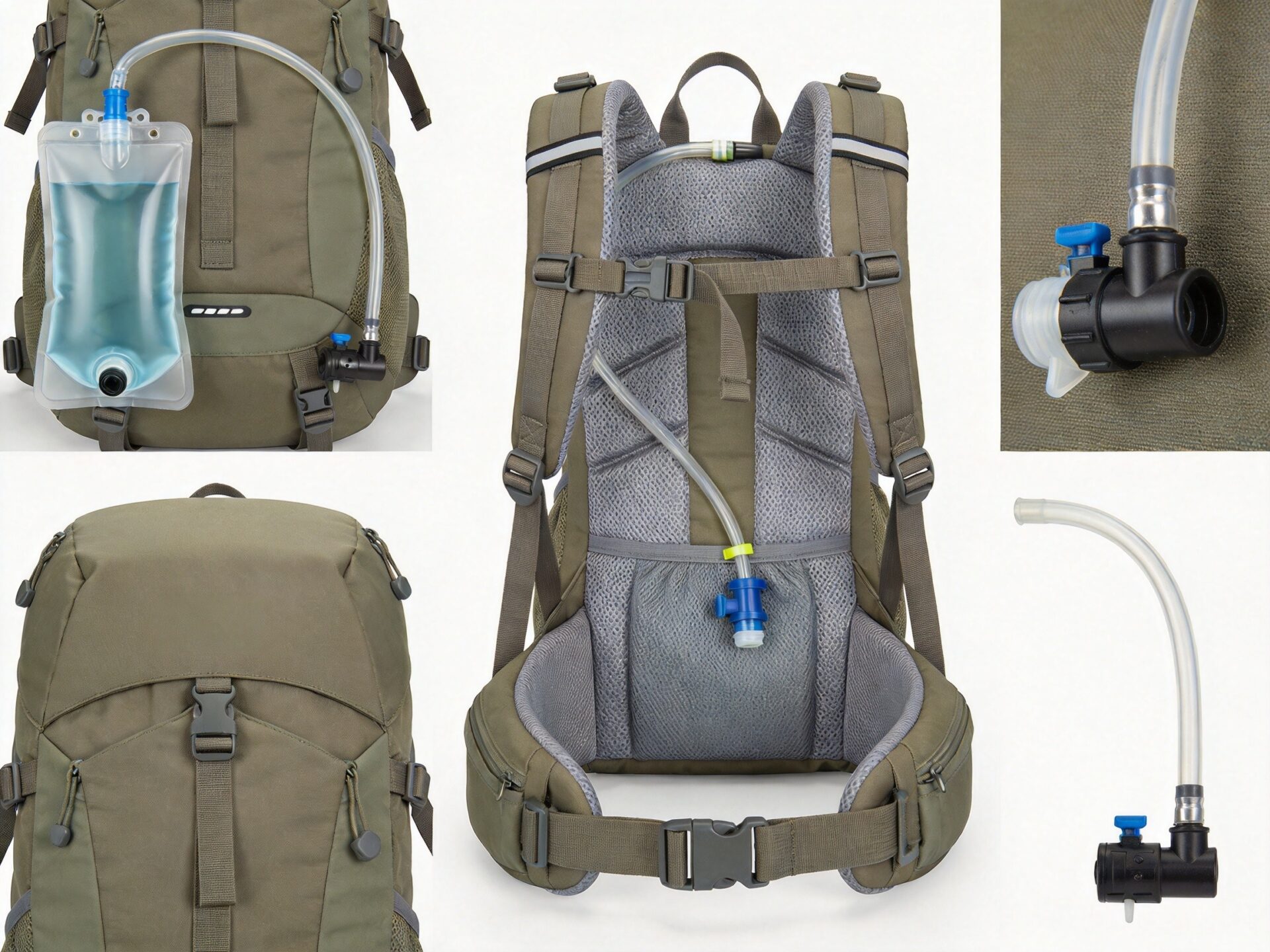 Hydration pack OEM manufacturing overview showing bladder compartment and tube routing