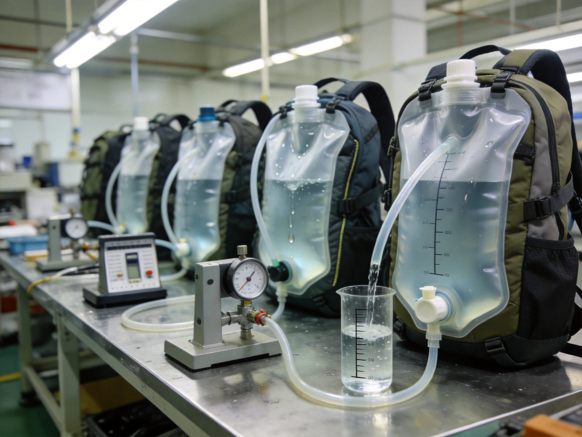 Quality control testing at hydration pack factory