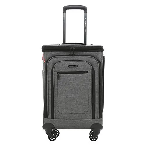 A softside fabric wheeled carry-on with four spinner wheels and a telescoping handle, the ballistic-nylon style of construction that Briggs and Riley builds versus the hard-shell cases that Delsey makes