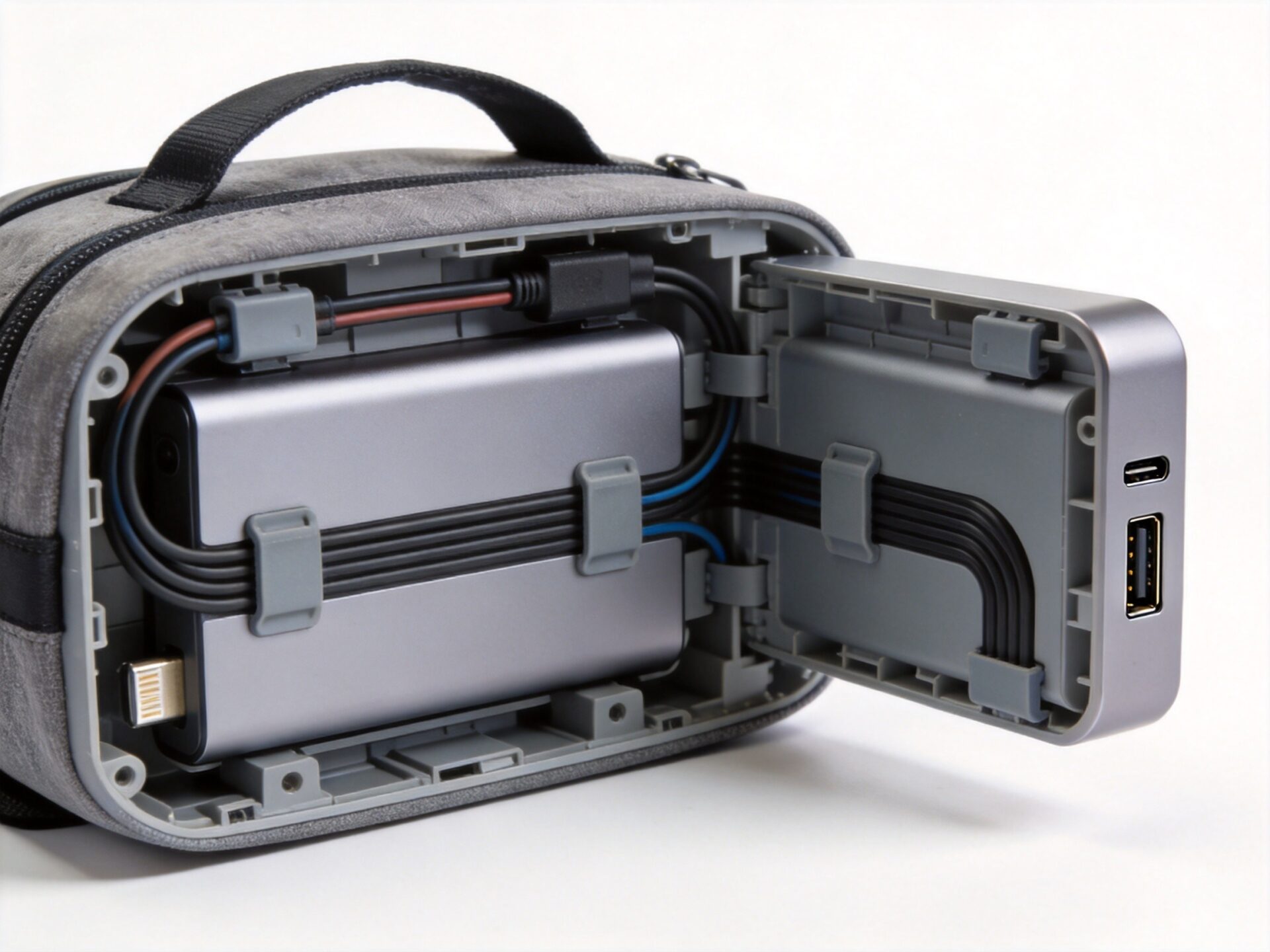 Internal cable routing channel in USB charging backpack