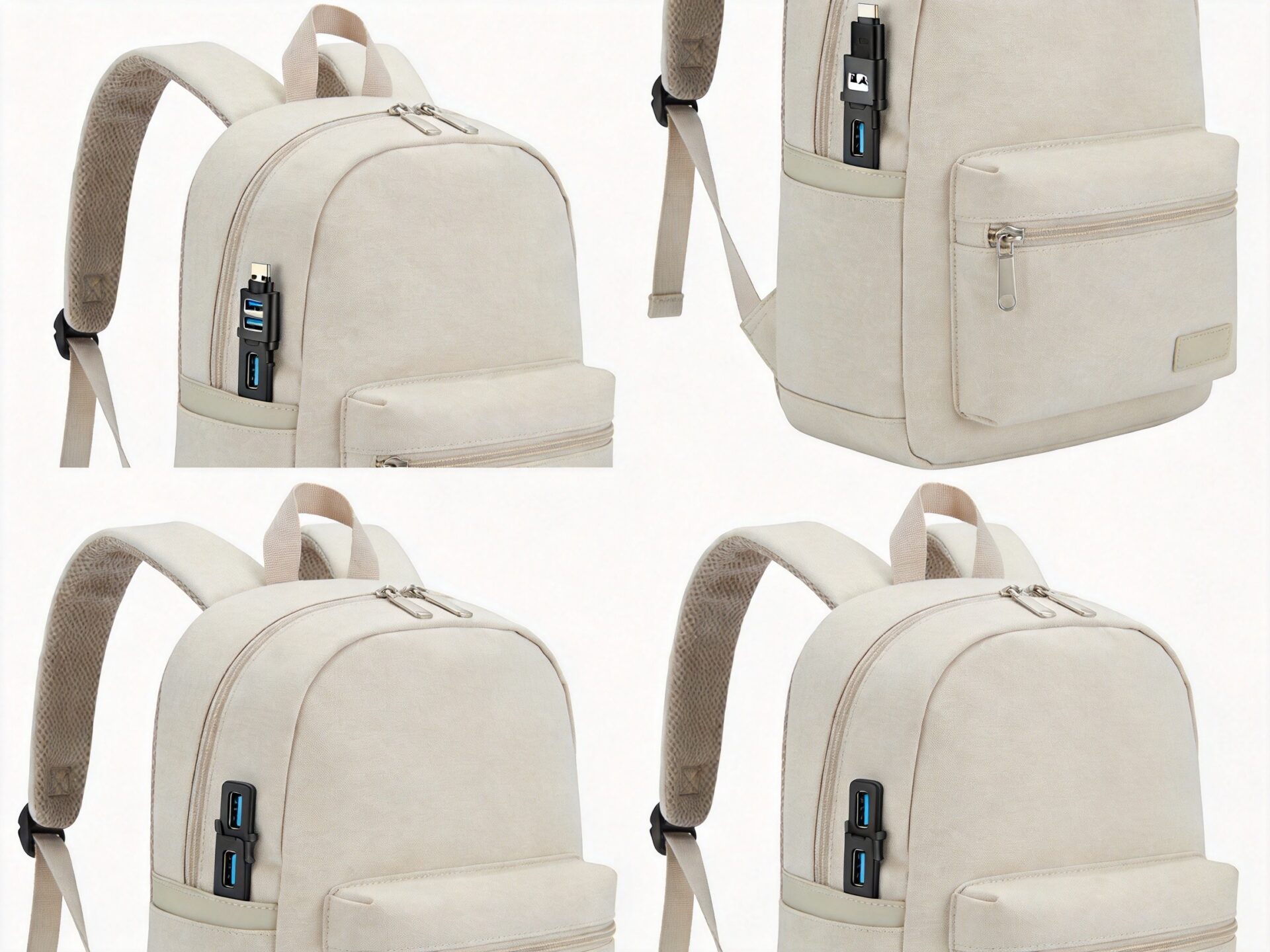 USB port placement options on backpack designs