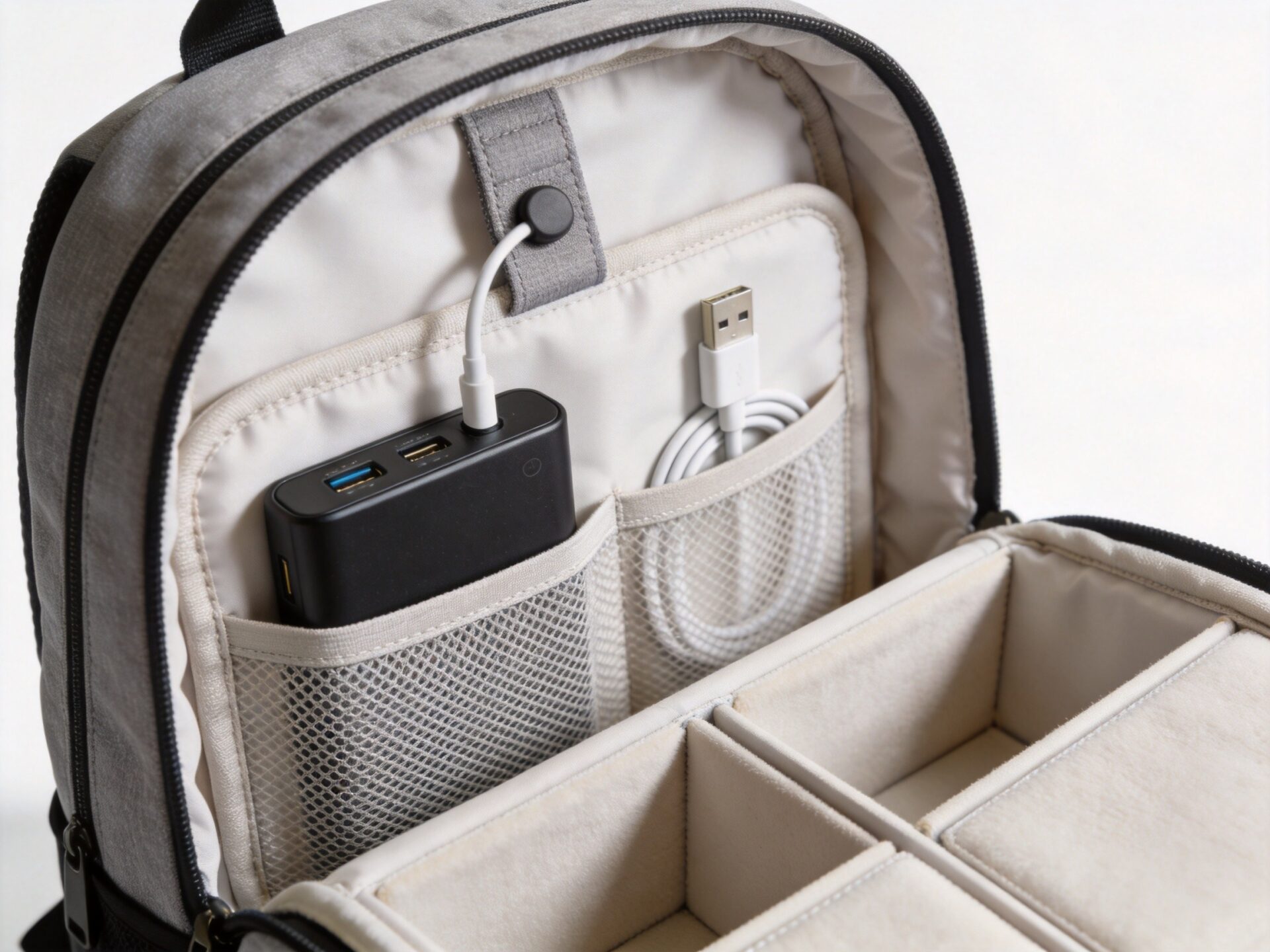 Power bank compartment design in USB charging backpack