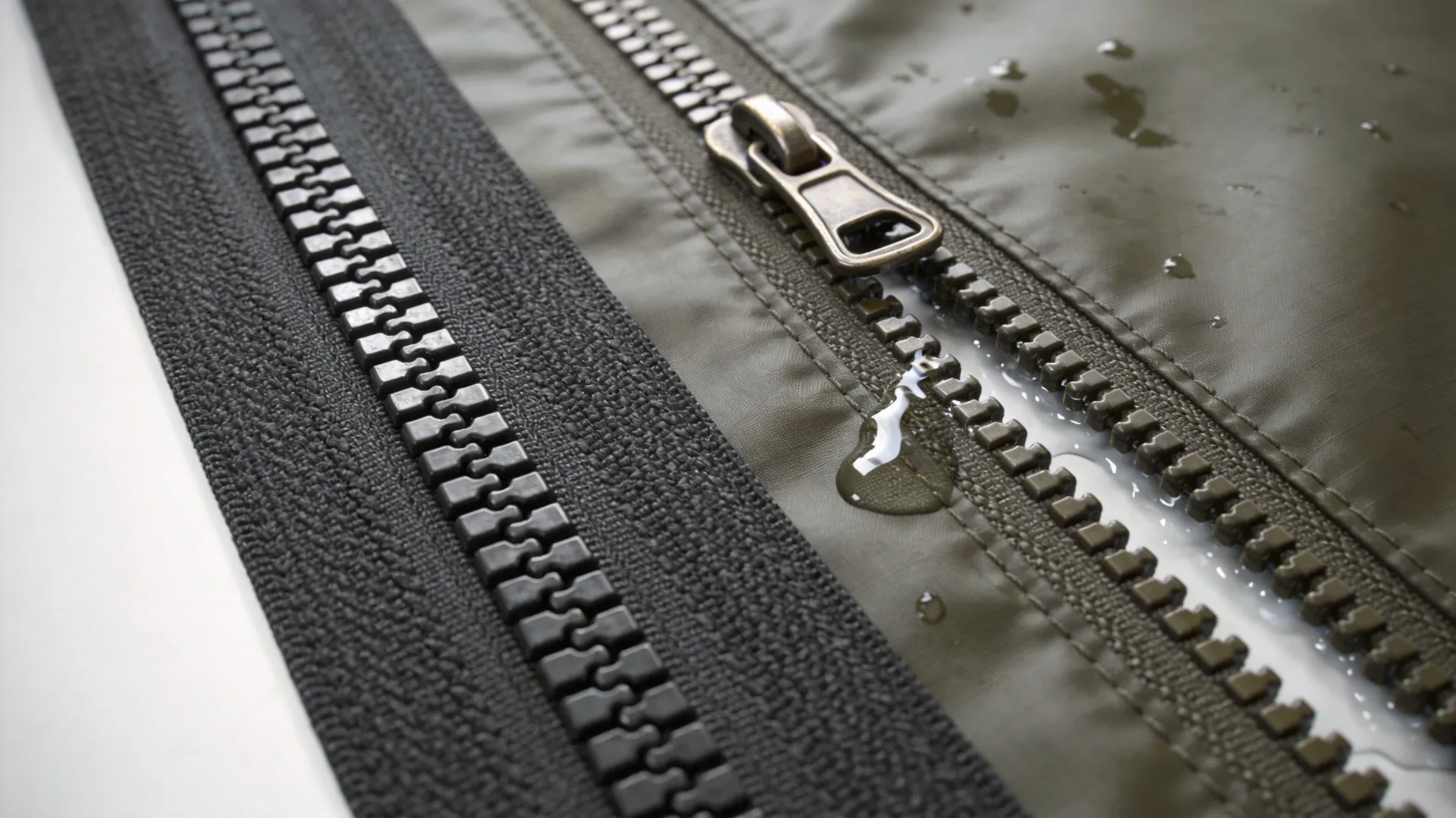 Comparing waterproof zipper with a standard leaking zipper