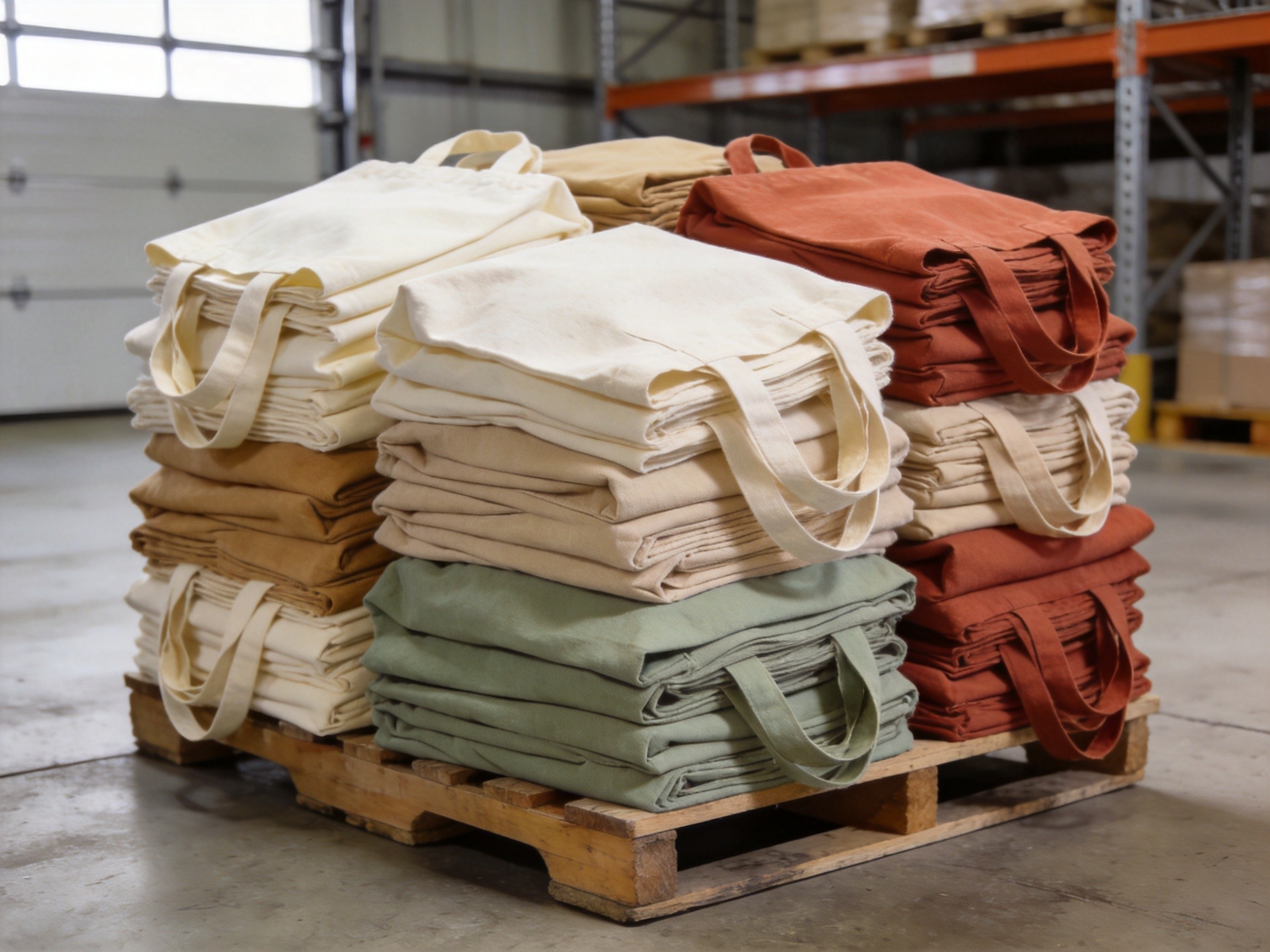 bulk wholesale tote bags in assorted cotton canvas colors stacked for shipment