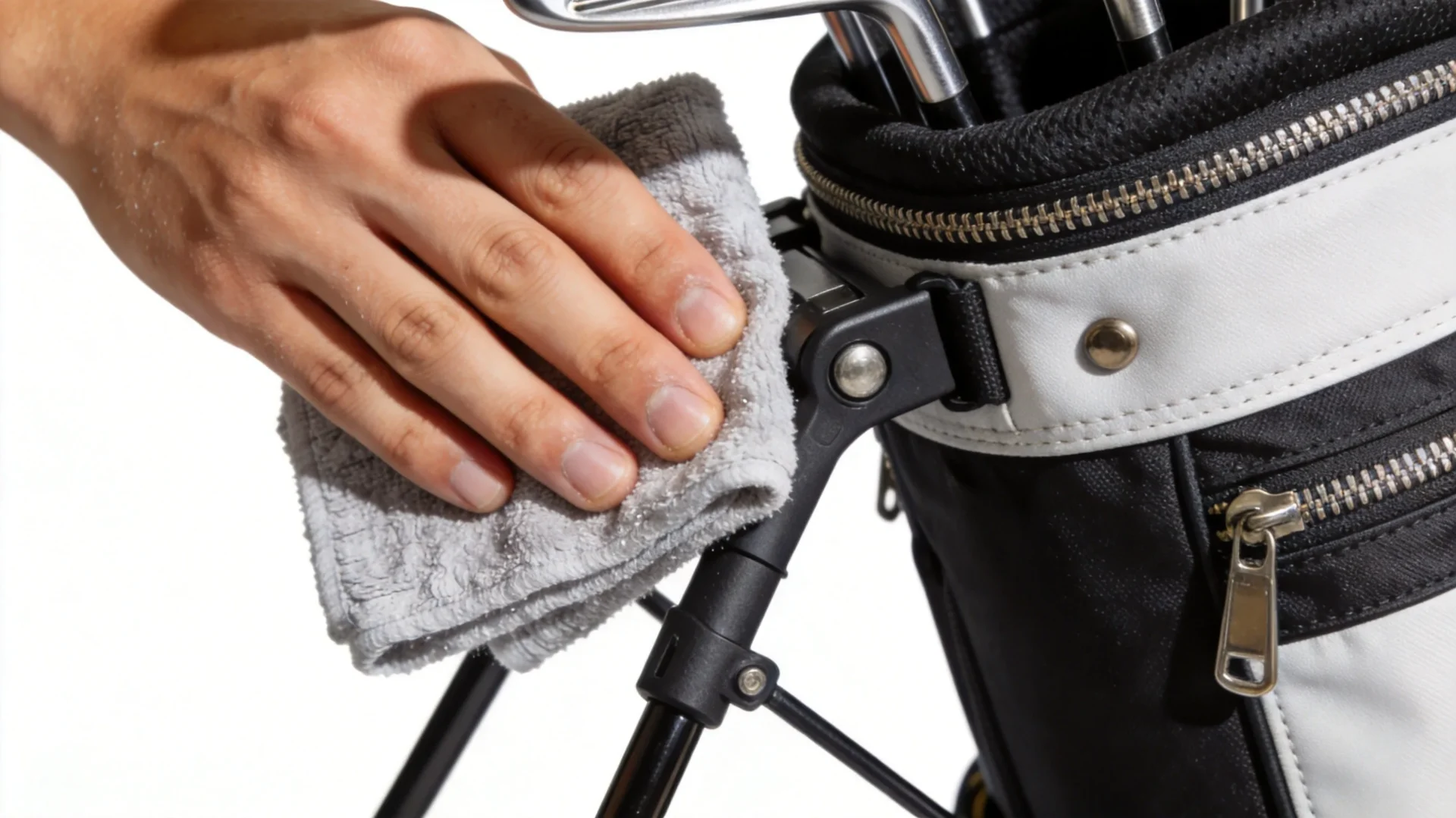 Wiping a golf bag zipper and stand mechanism during care