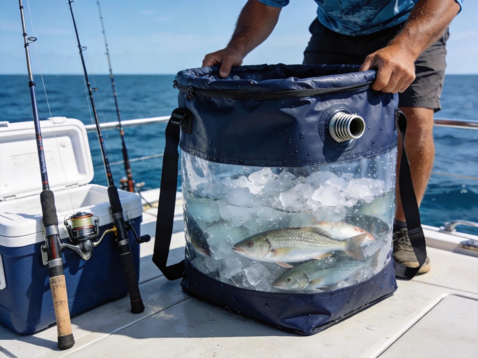 angler using custom insulated fish cooler bag on boat deck with catch on ice