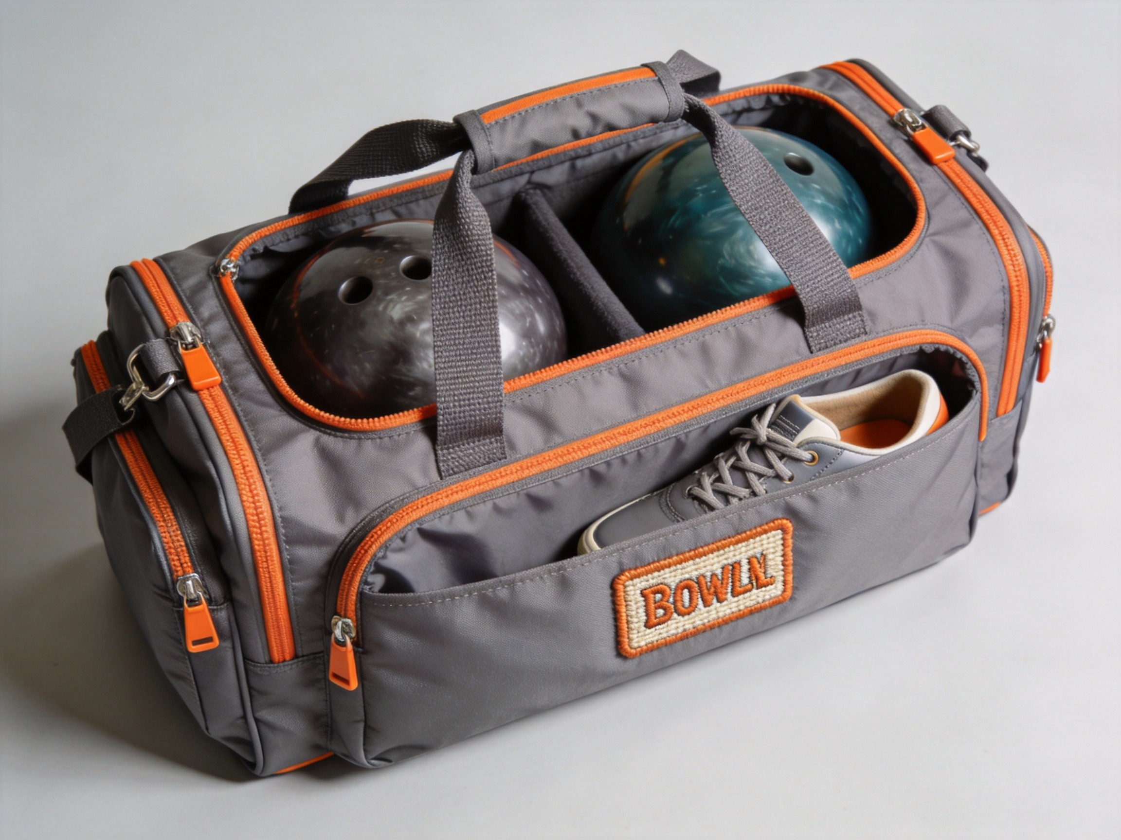 Custom 2-ball bowling tote bag with padded ball holder and removable shoe compartment