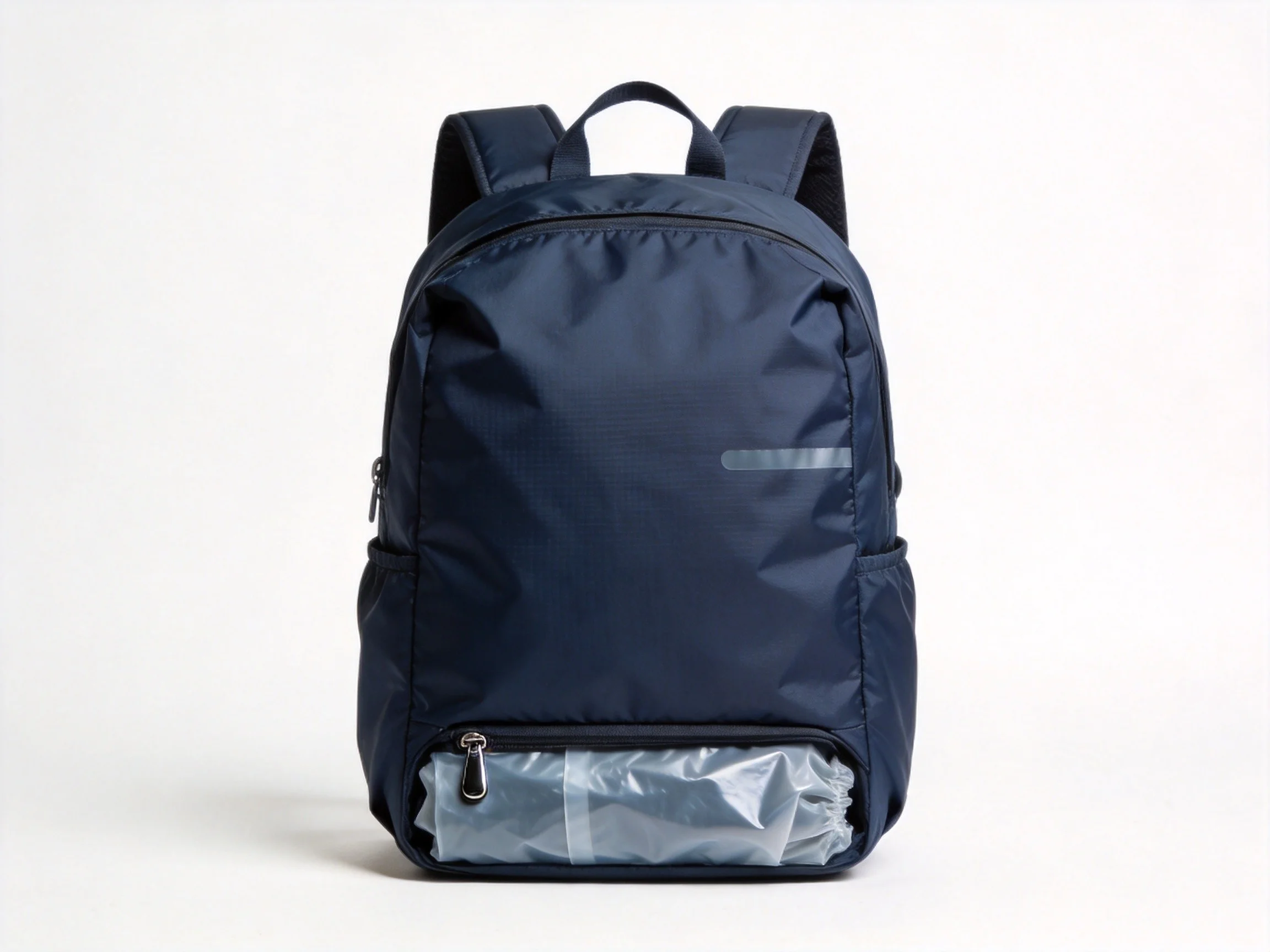 Custom backpack with integrated built-in raincoat, front view, white studio background