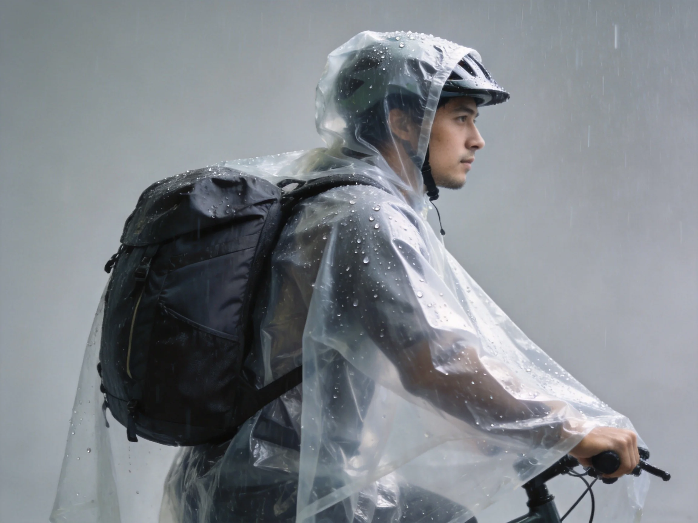 Backpack with deployed integrated rain poncho covering pack and rider, 3/4 view