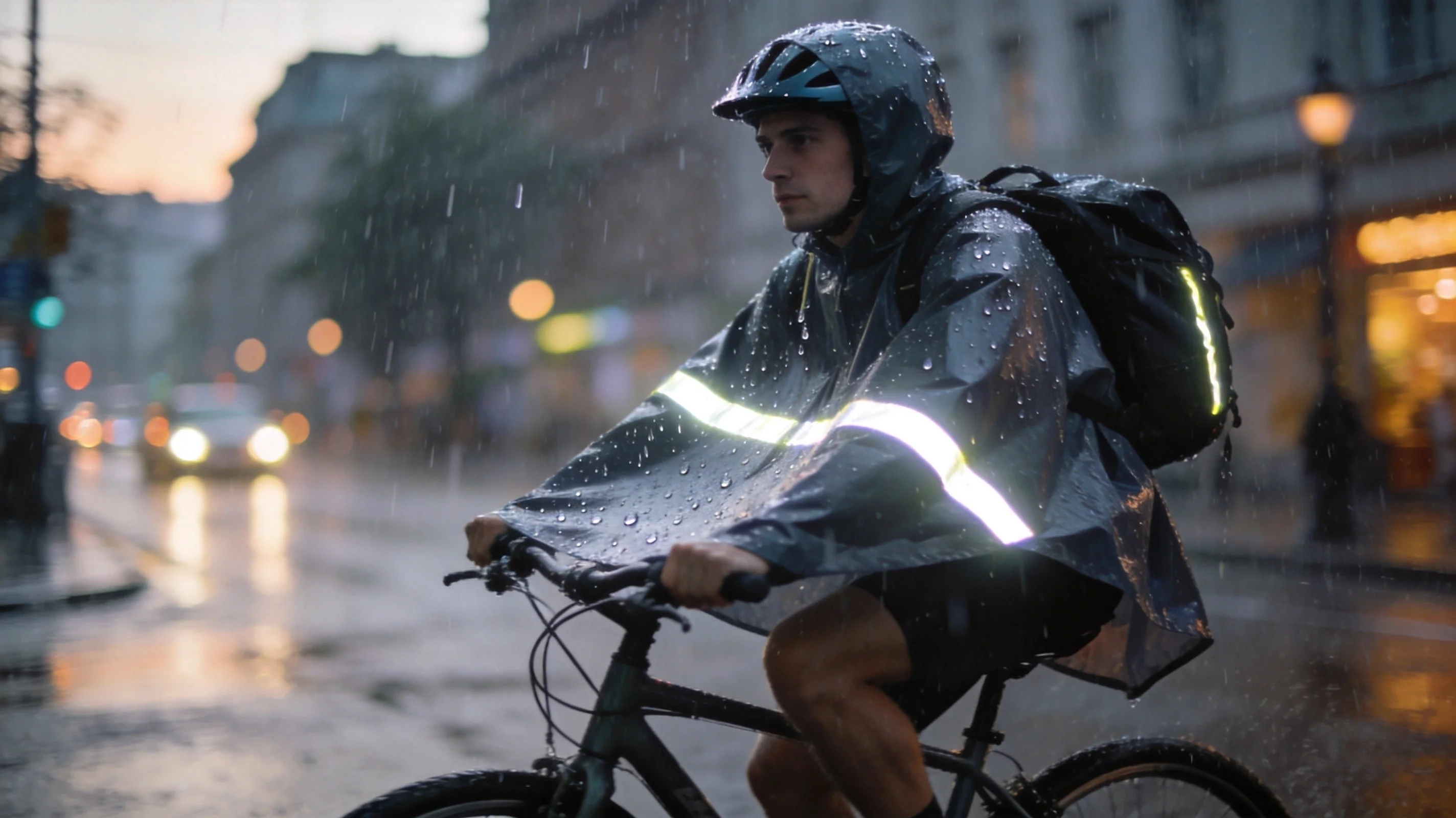 Cyclist in rain wearing backpack with integrated raincoat deployed, reflective strips
