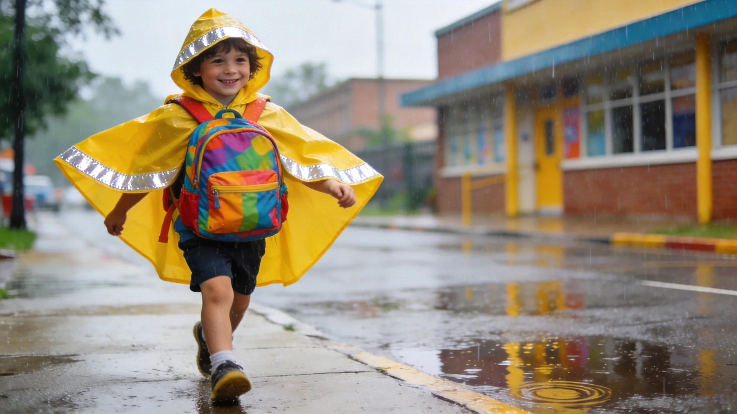 School child walking in rain with raincoat backpack deployed, bright reflective poncho