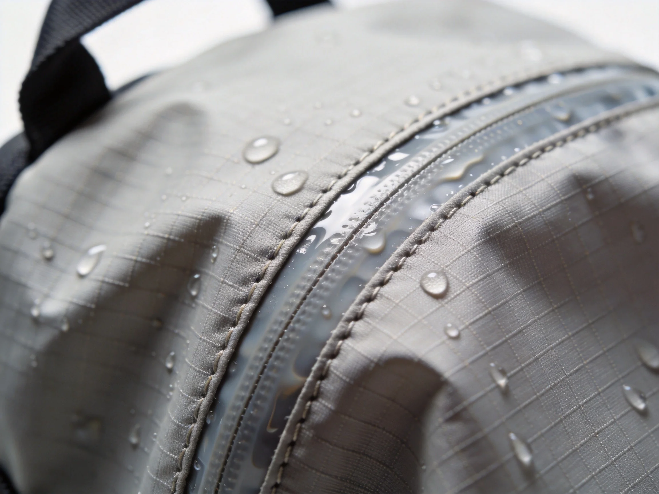 Heat-sealed seam and TPU coating detail on waterproof backpack fabric