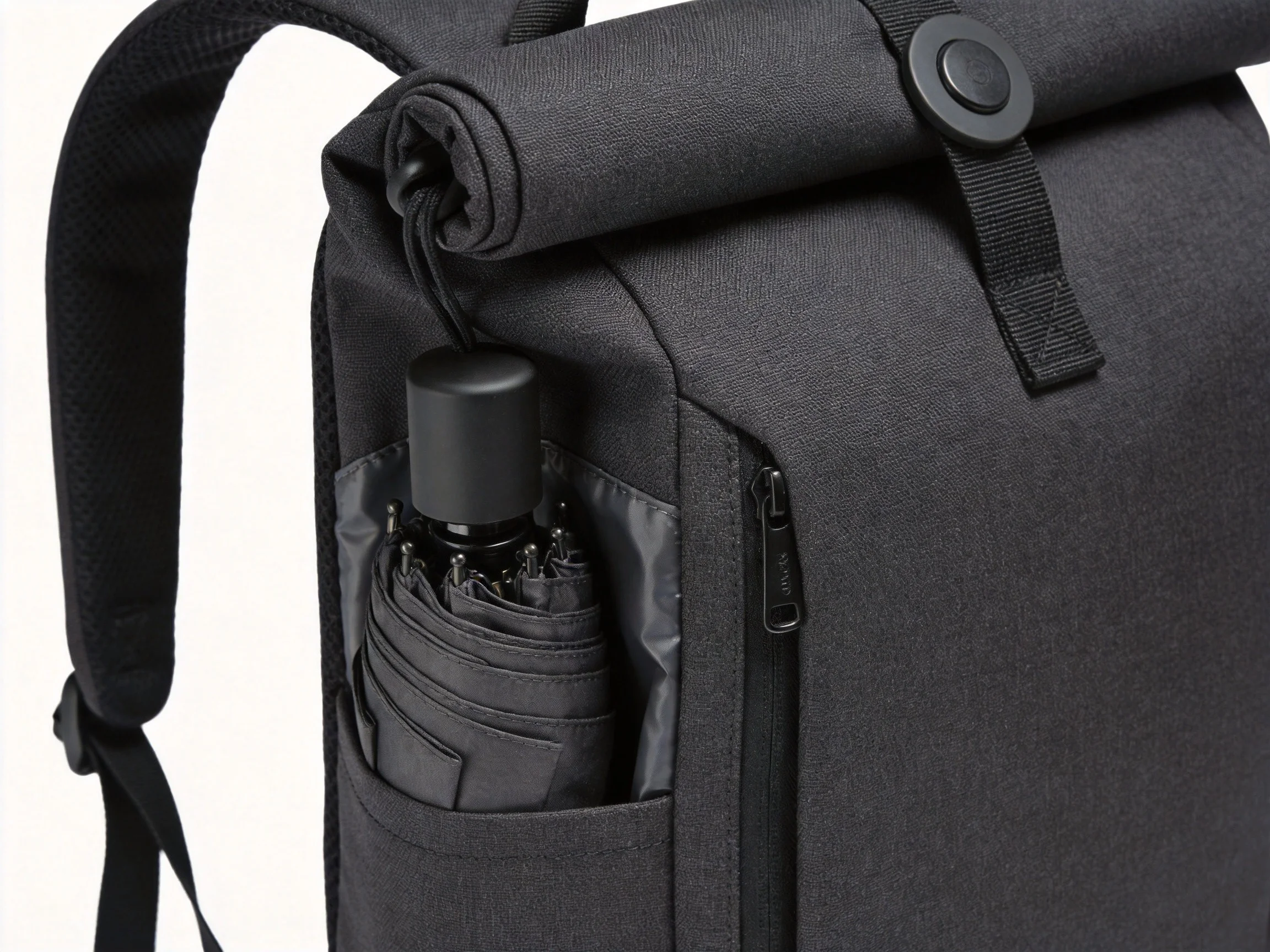Travel backpack with open dedicated waterproof umbrella pocket, white studio background